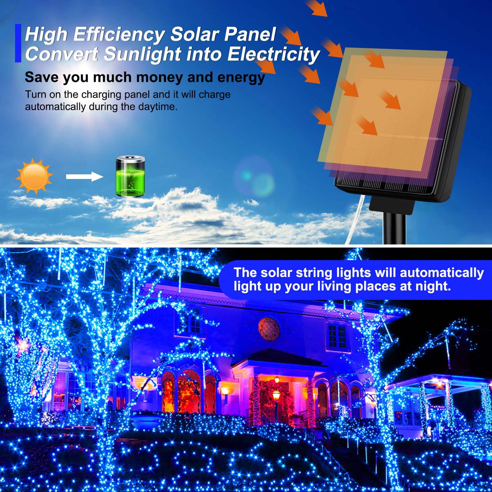 Brightever Outdoor Solar String Lights Waterproof  Solar Christmas Lights 2-Pack Total 80Ft 200Led  Twinkle Fairy Lights For Outside With 8 Lighting Modes  For Yard  Party  Halloween (Blue)