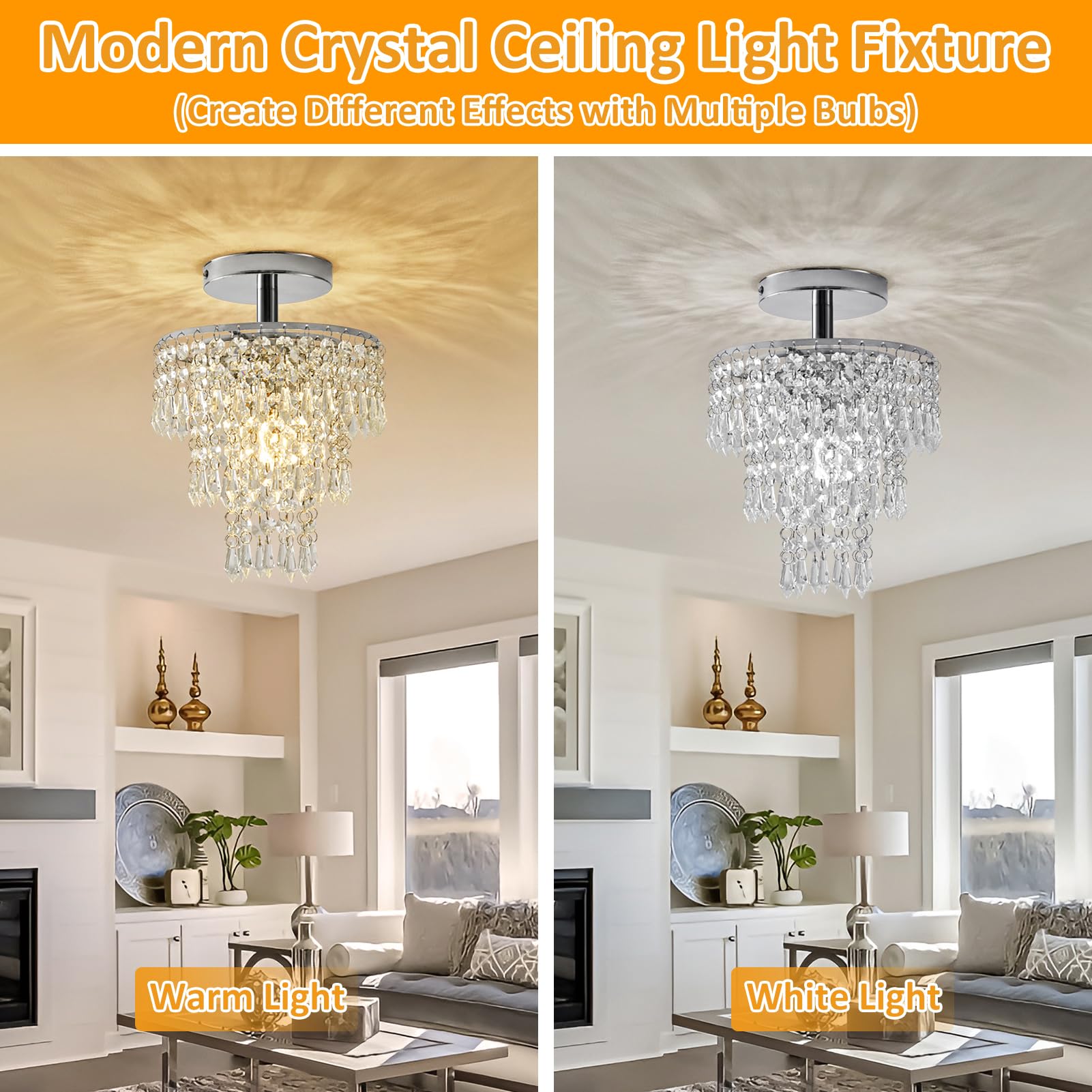 Cyaruy Small Crystal Chandelier - 3-Tier Raindrop Design, Metal, Chrome, 7.9" x 11", Flush Mount Ceiling Light for Bedroom & Living Room