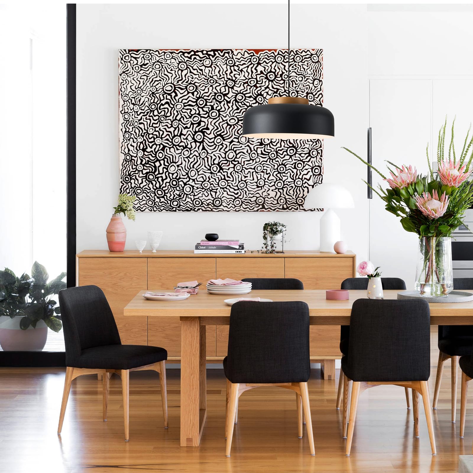 Modern Large Pendant Light Fixture  17.7 Inch Natural Wood Cap  Matte Black Finish  Simple Pendant Lighting For Kitchen Island  Dining Room  Table