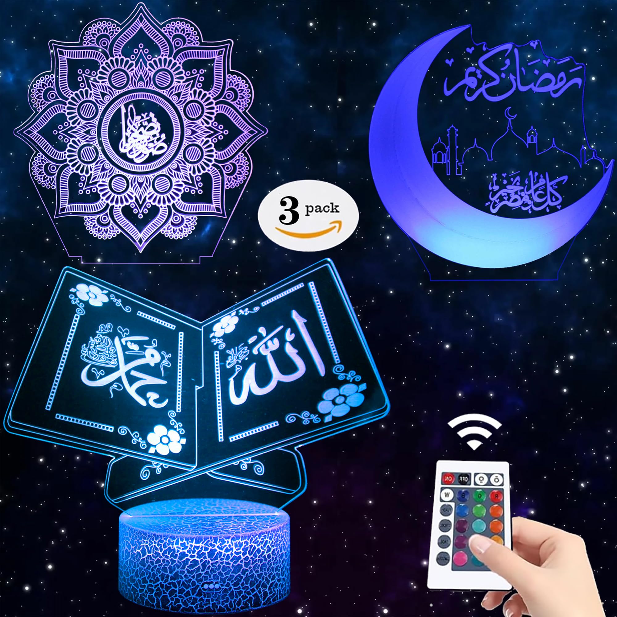 3pcs Muslims Night Lights - 3D Illusion Lamp Set with Moon Castle, Quran Book, Flower Designs - 16 Changeable Colors with Remote and Touch Control Ramadan Islamic Gifts for Kids Friends Home Deco