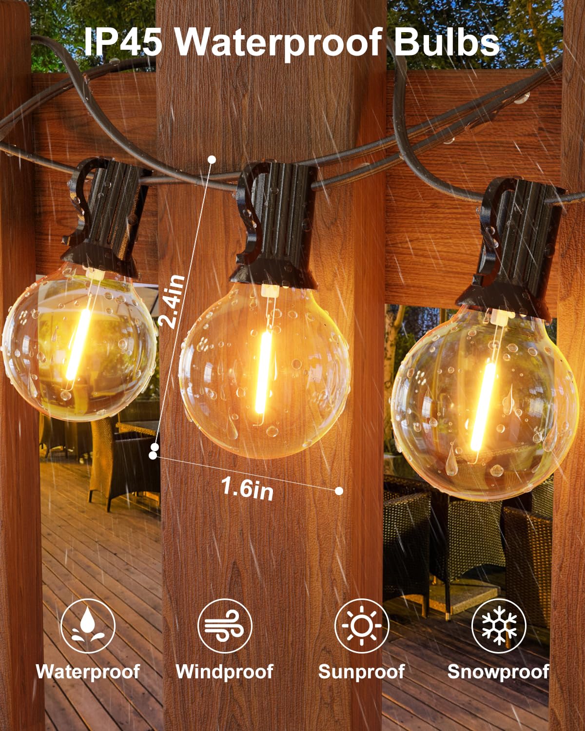 GLUROO Outdoor String Lights, 60FT LED Patio Lights, 32 Bulbs, Waterproof, 2700K Warm White, G40-Black, Model O301