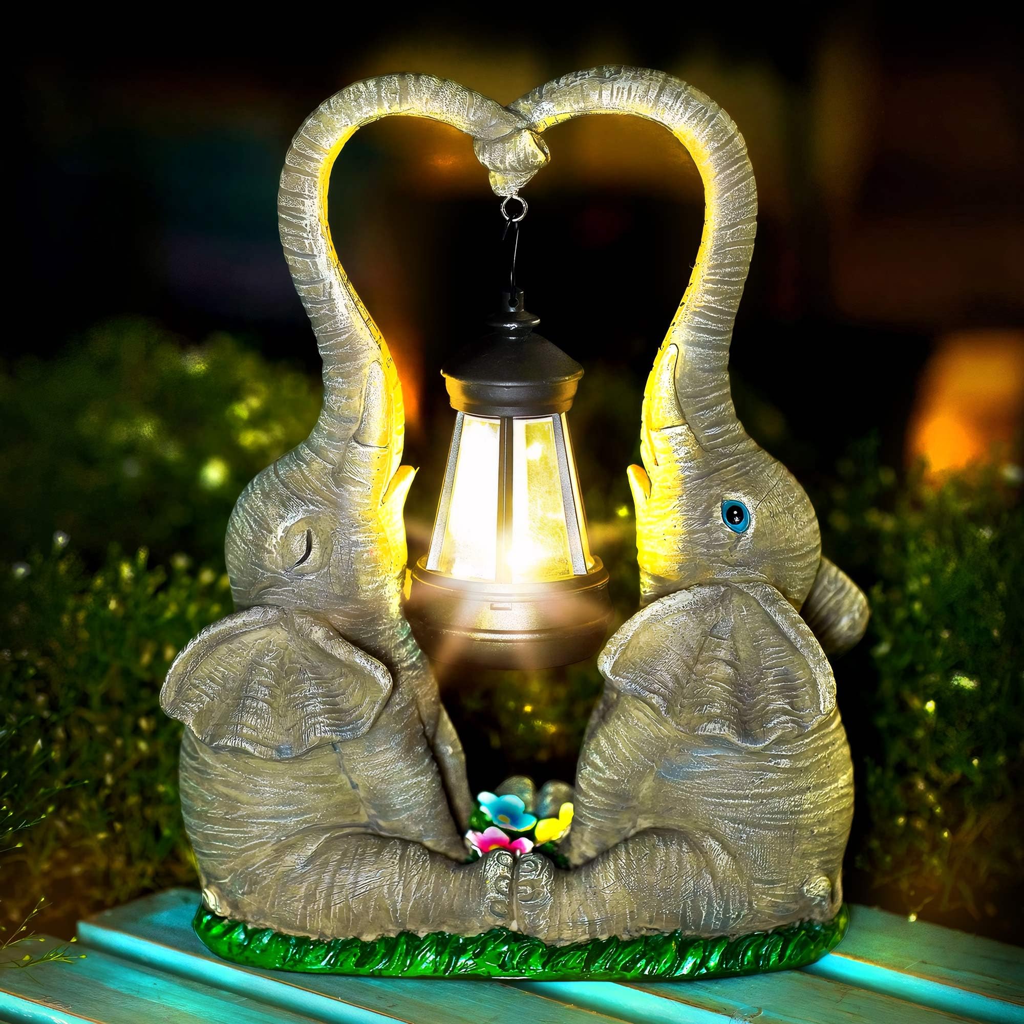Vereemy Elephant Statue Easter Garden Decor with LED Solar Lights-Set of 2 Good Luck Elephant Outdoor Statue Christmas Decoratio