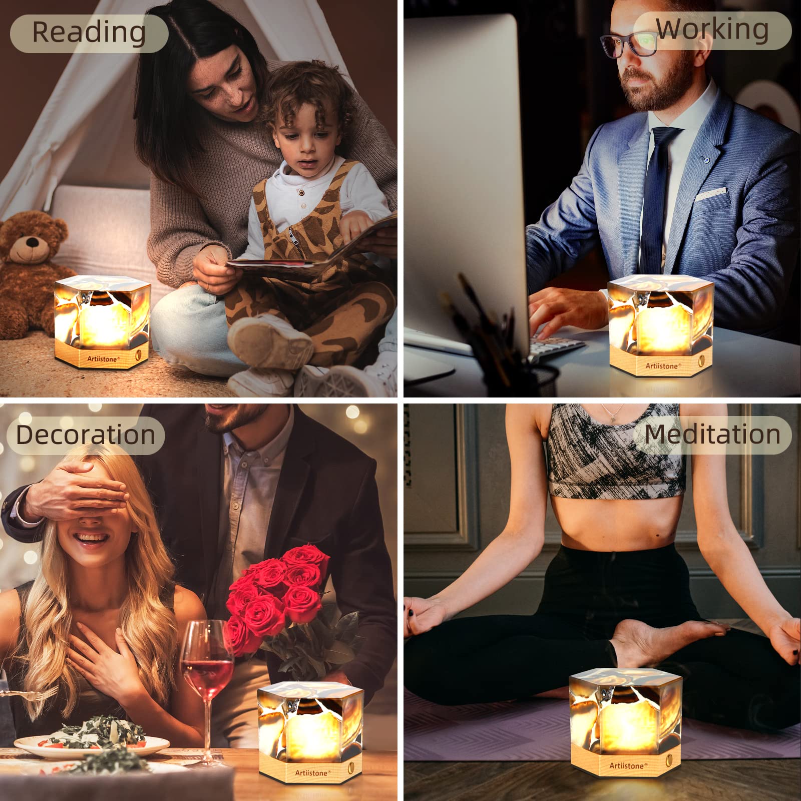 Artiistone Agate Night Light Natural Crystal Stone Led Touch Lamp Carved Gemstone Lights With Wooden Base Usb Rechargeable For H