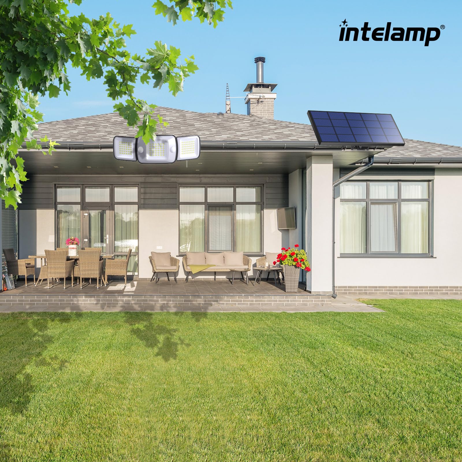 intelamp Solar Flood Lights - 2 Pack, 6000mAh, 1200LM, Waterproof, Dual Motion Sensor, Black, Model YL002-12B