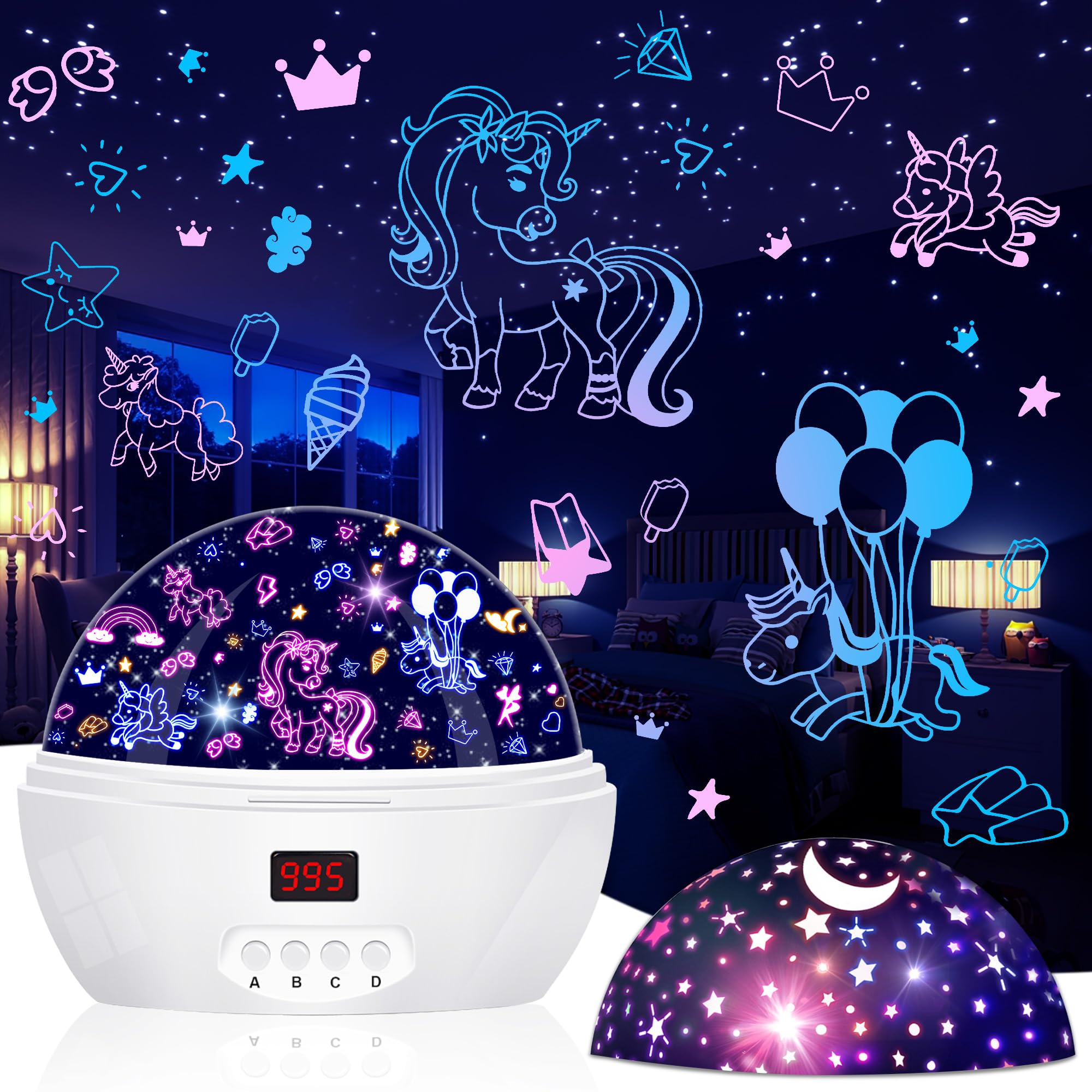 MOKOQI Unicorn Projector Night Light for Girls, Star Lights Projector for Ceiling Kids Bedroom Decor Gifts for 3-6 Year Old Girl Night Light Projector with Timer, Christmas Birthday Gift for Girls