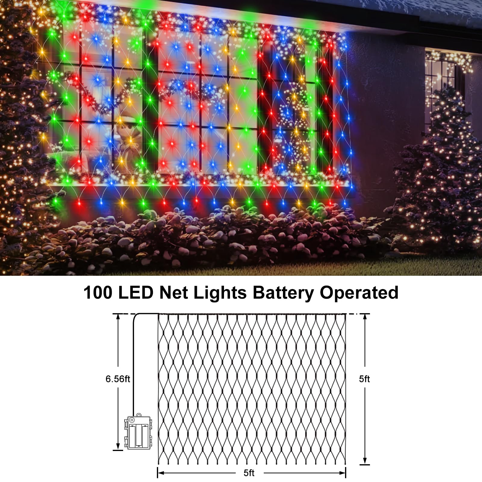 Christmas Net Lights, Battery-Operated 100 Led Bush Net Lights 5Ft X 5Ft Mesh With Remote, Dual Color Changing For Wedding, Gard