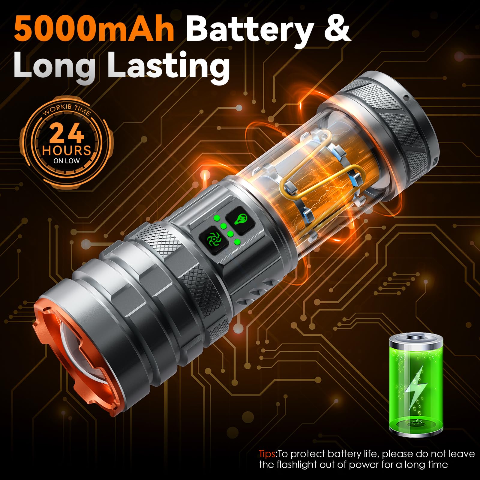 ADDplus Camping Flashlight, 3000 Lumens, 11 Modes, Waterproof, Large, Aluminum, Model HC-G580, Silver