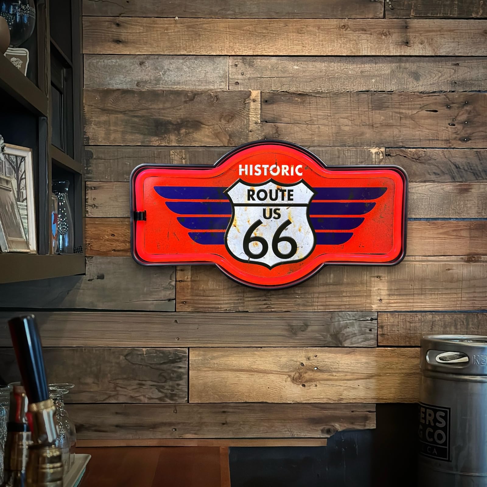 American Vintage Sign Co. Route 66 LED Neon Sign, Retro Wall Decor, 17” x 9.5” x 2”, Plastic, for Man Cave or Home Bar
