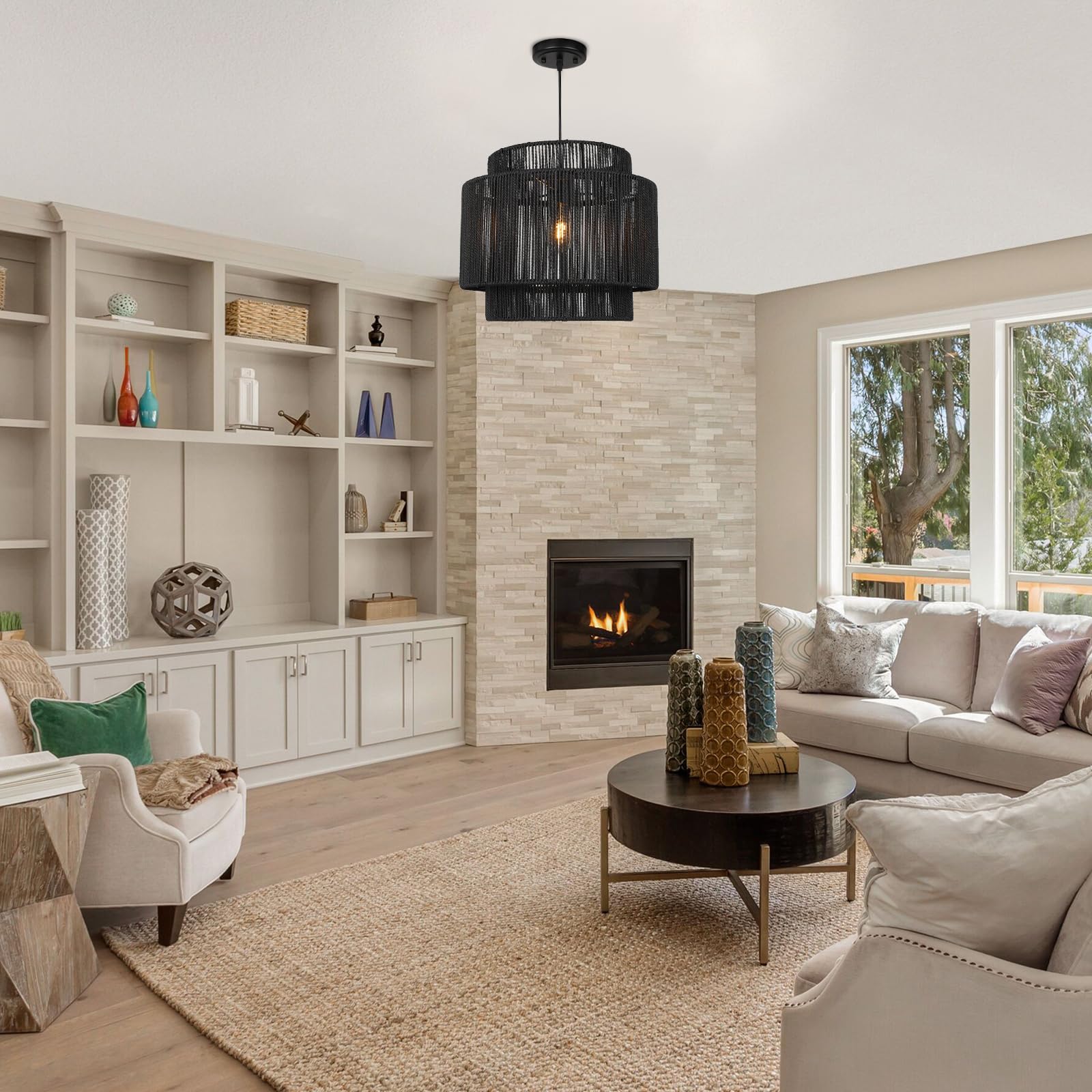 Rosient 16 Inch Large Natural Simple Hand Weaved Rattan Pendant Lamp, Coastal Beach Black Rope Hanging Pendant Light Fixture For