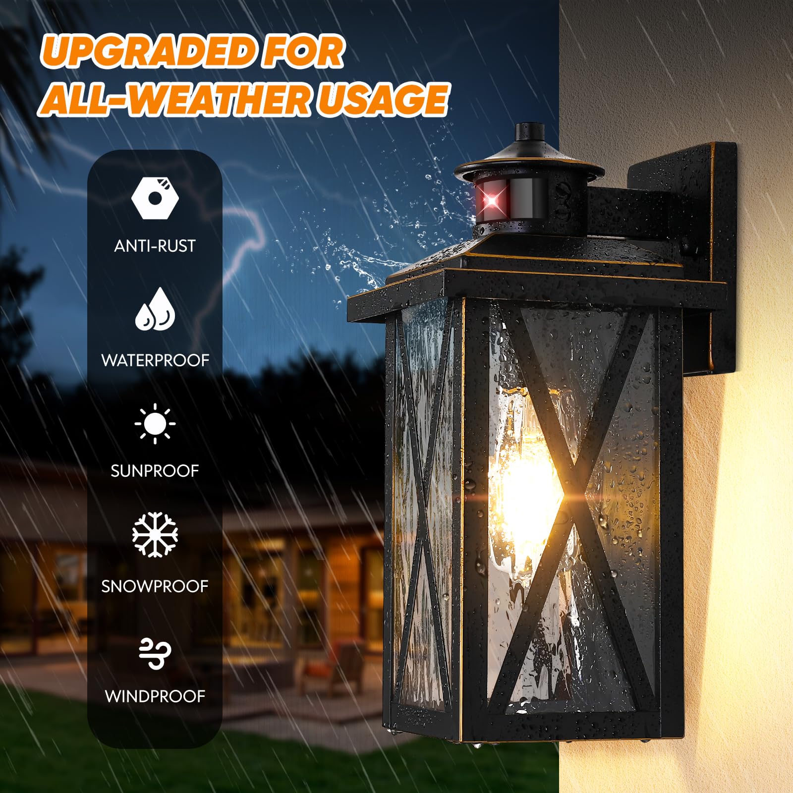 Motion Sensor Porch Lights Outdoor 2-Pack, Dusk To Dawn Waterproof Wall Lanterns, Black Exterior Wall Sconces With E26 Sockets &