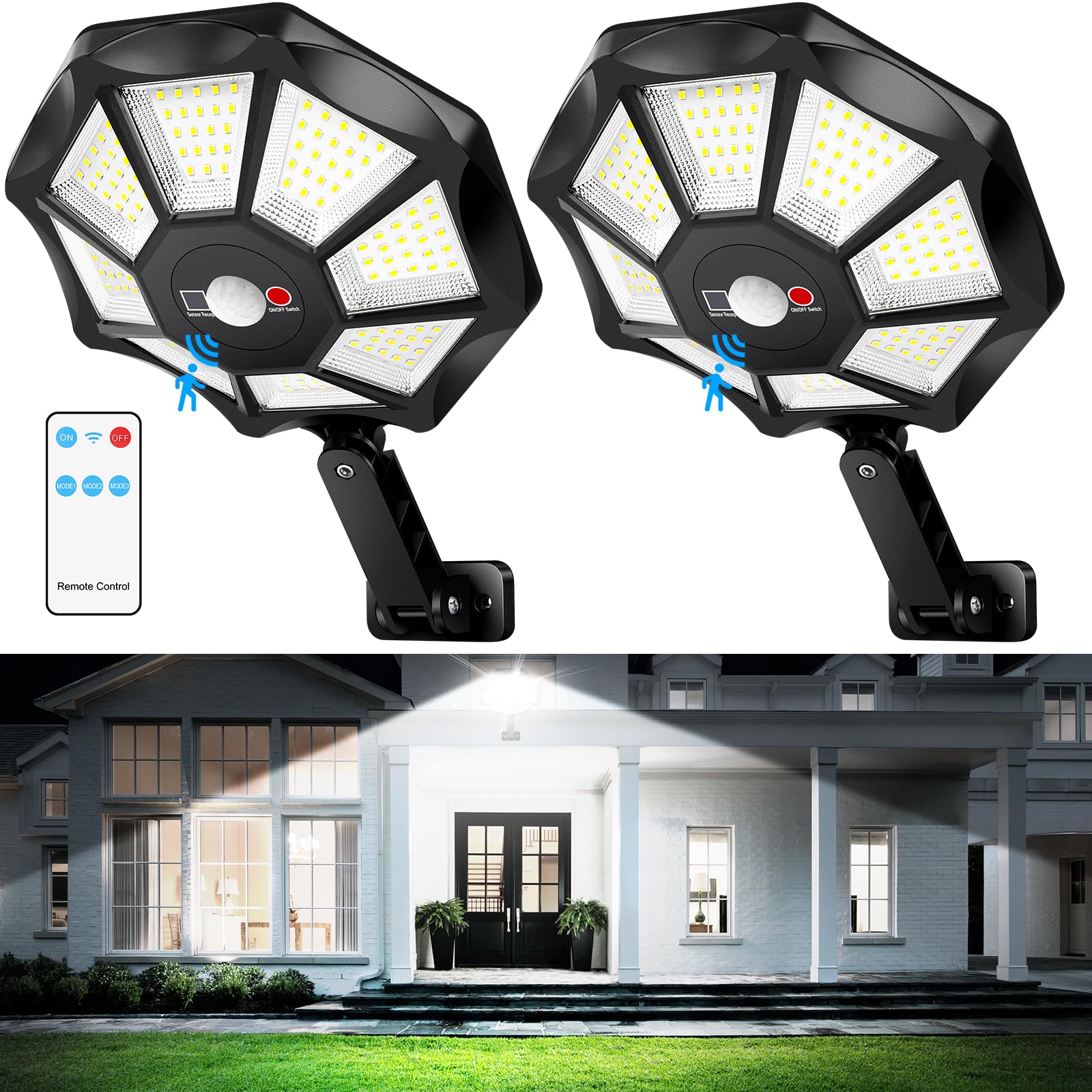 Solar Lights Outdoor Waterproof  6500K 168 Led Flood Lights Outdoor Motion Sensor  Dusk To Dawn Solar Outdoor Lighting  Solar Powered Street Light With Remote For Outside Parking Lot Pool Yard  2-Pack