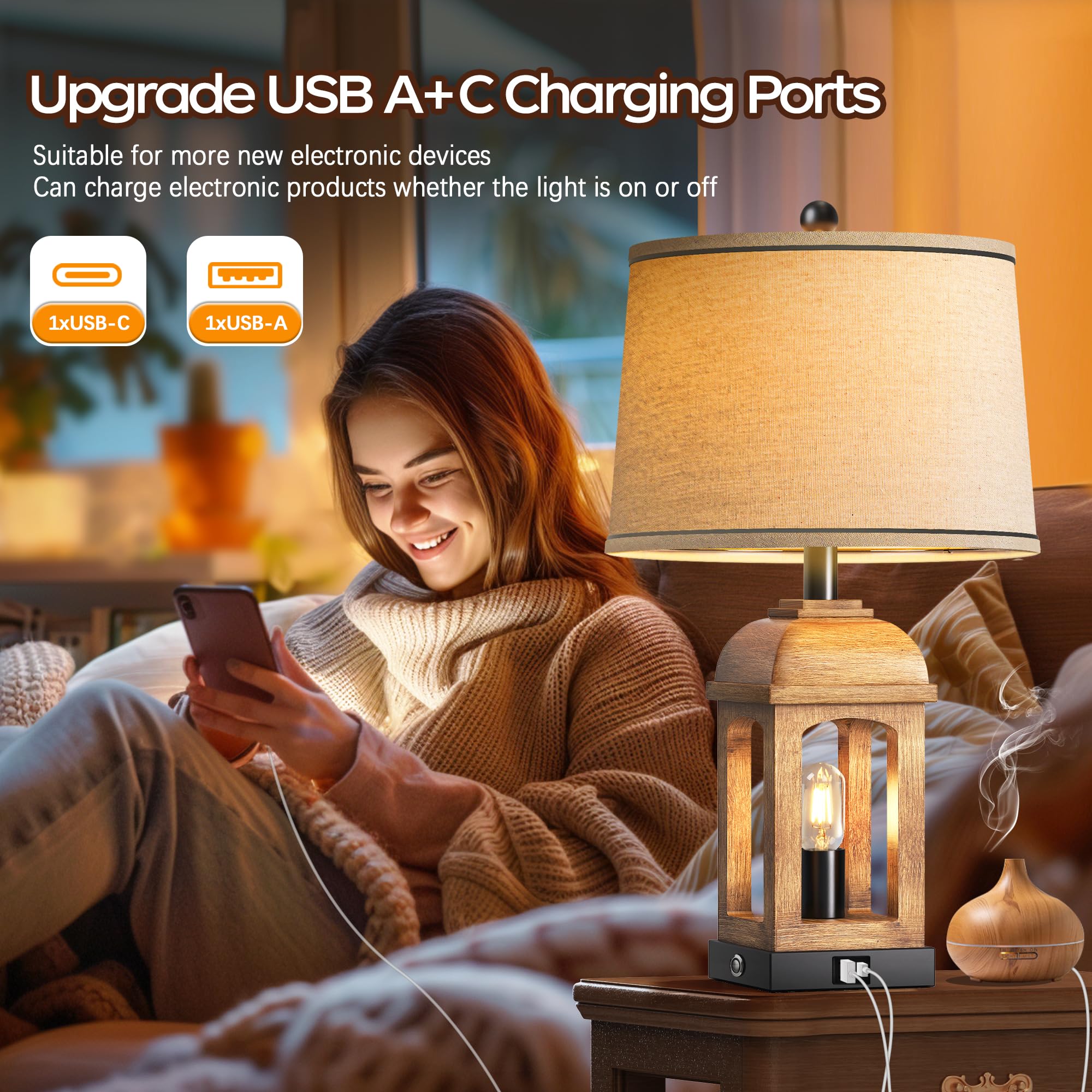 QiMH Rustic Table Lamp - 26" 3-Way Dimmable Touch Control Nightstand Lamp with USB A+C, Wood Grain, 1 Pack