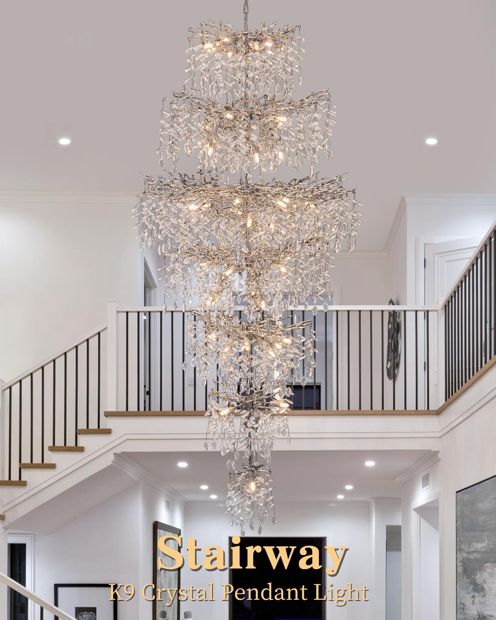 Modern Staircase K9 Chandeliers, Luxury Silver Long 7-Tier Large Foyer Entrance Chandeliers For High Ceiling Big Crystal Chandel