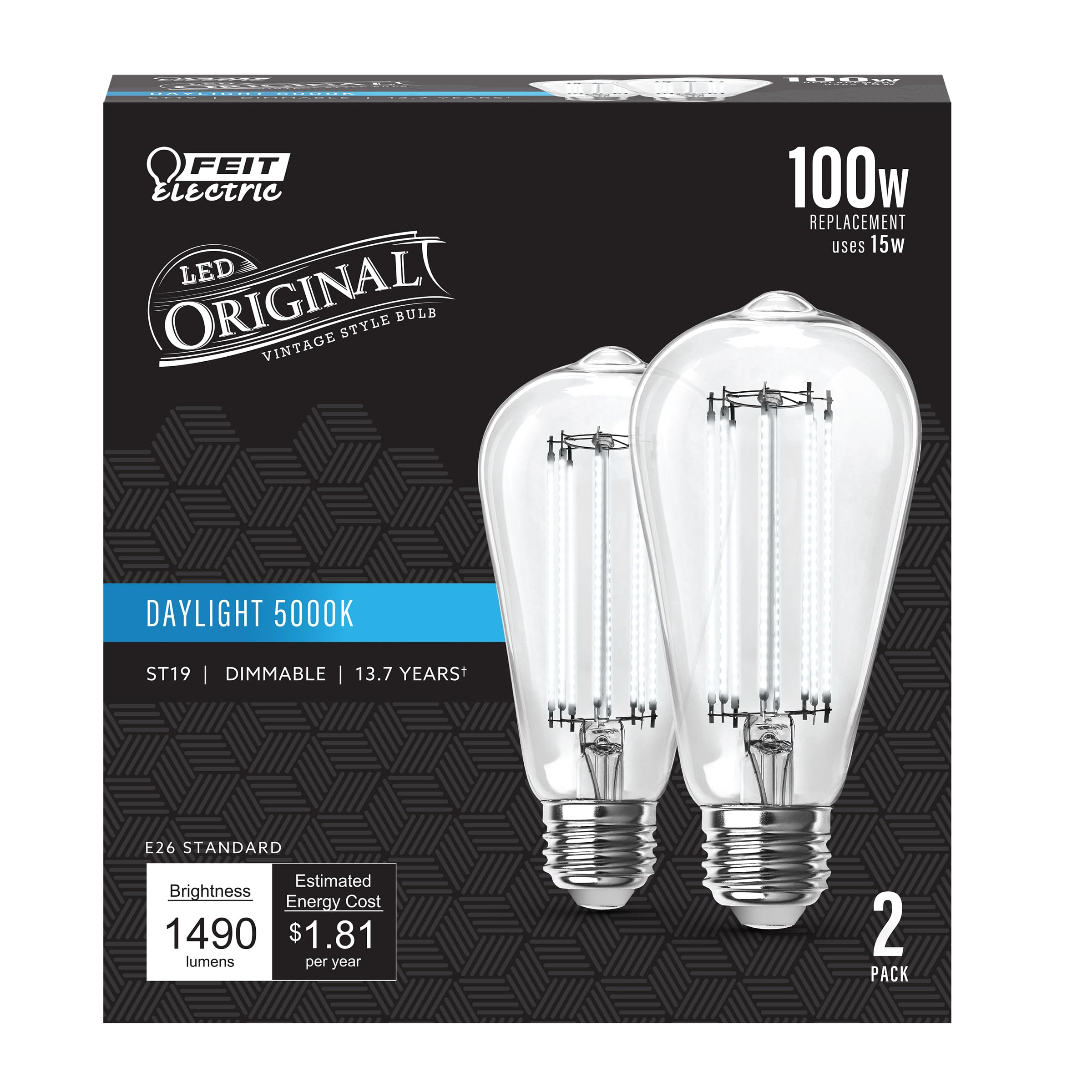 Feit Electric ST19 Vintage Edison LED Light Bulb, 100W Equivalent, Dimmable, 1490 Lumens, E26 Base, 2 Pack, 5000K Daylight