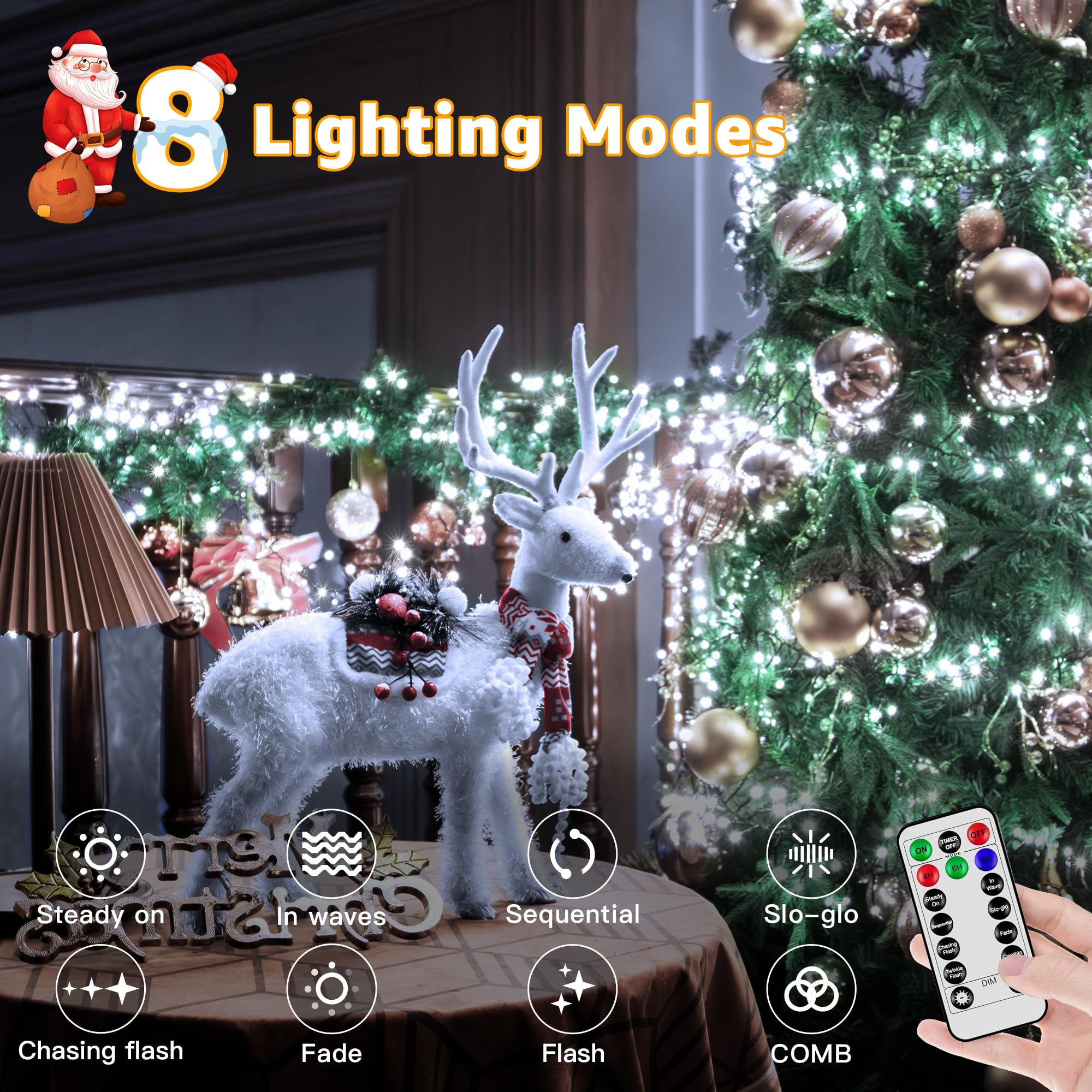 Ccinny 1200 Led 59 Ft Cluster Lights  White Christmas Tree Lights 8 Modes Timer Remote  Waterproof String Lights For Indoor Outside Garland Xmas Decorations
