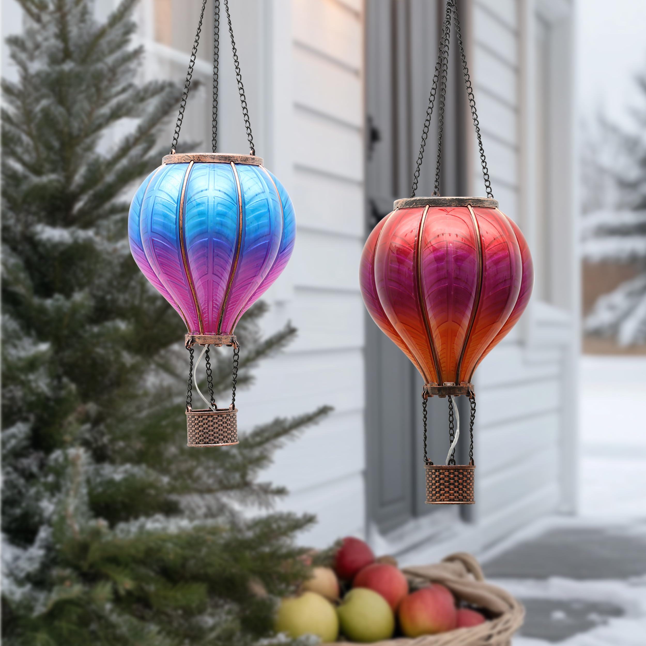 Teresa'S Collections 2 Pack Hanging Solar Lantern Outdoor Garden Decor ,Waterproof Plastic Hot Air Balloon Red Flickering Flame Effect Lantern For Yard Tree,Gift For Mom Lovers,18&quot;