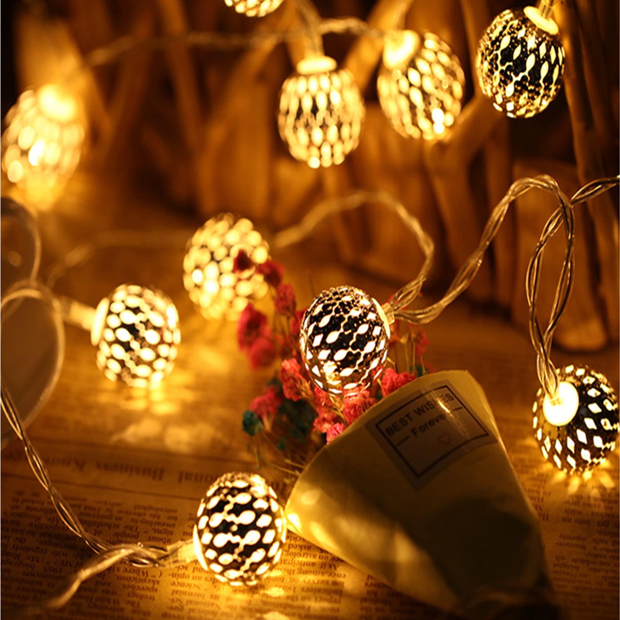 dephen Solar String Lights - 15ft 20LED Waterproof Warm White Moroccan Lights for Patio Garden Party Xmas Tree