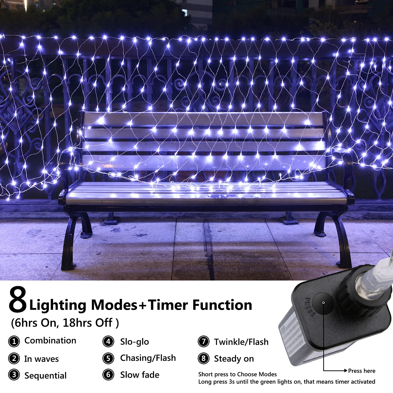 Jnaurb 11.5ft x 5ft Christmas Net Lights, 360 LED, Waterproof, 8 Modes, White, Model LED08230390 for Outdoor/Indoor Decorations
