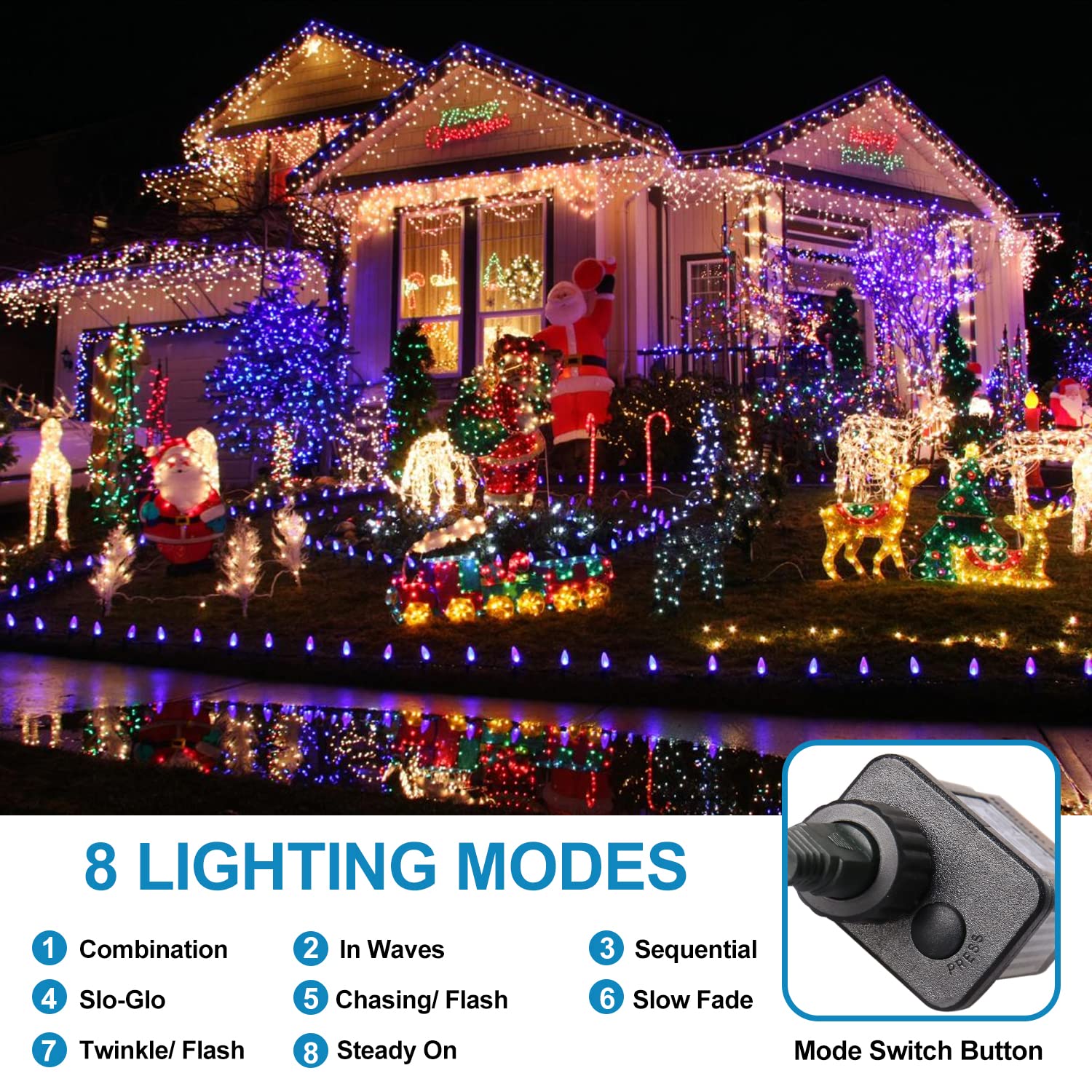 Blingstar 33 Ft 100 LED Multicolor Waterproof Twinkle String Lights - 8 Modes for Indoor/Outdoor Xmas Decor