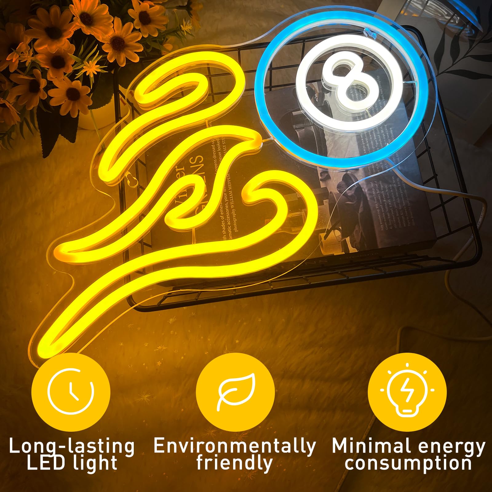 Billiards Neon Sign For Wall Decor, Dimmable Black 8 Led Light Sign, Usb Powered Sign For Gameroom Party Man Cave Beer Bar, Gift Decoration 15.75”×8.27”