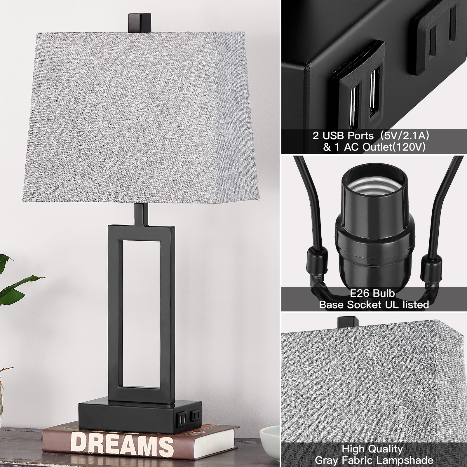 Rinweey Touch Control Table Lamps Set of 2, 3-Way Dimmable, USB Ports & AC Outlet, Gray, Large, LED Bulb Included