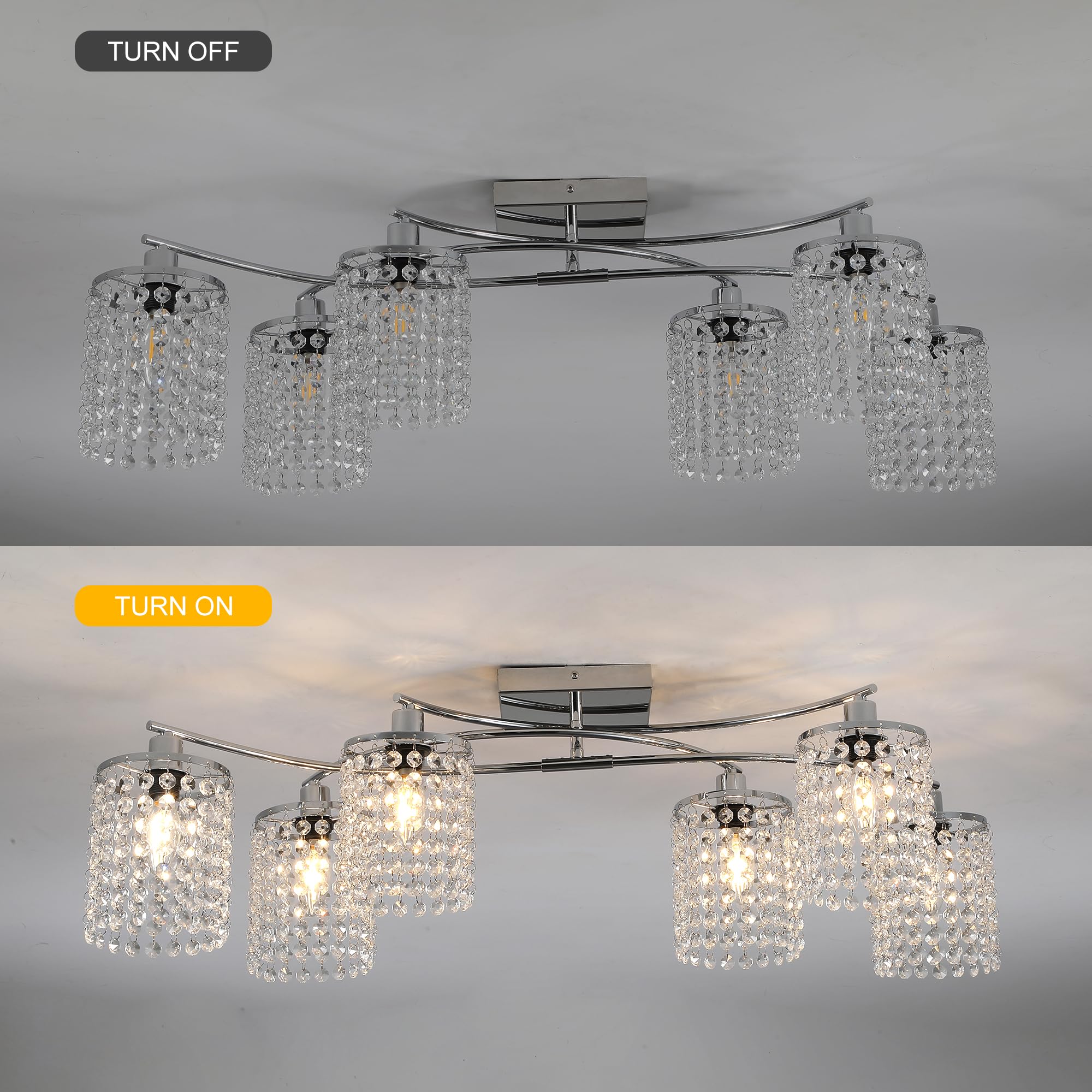 Garwarm 35'' Semi Flush Mount Ceiling Light, 6 Lights Modern Crystal Chandeliers, Dining Room Light Fixture Kitchen Lighting Fix