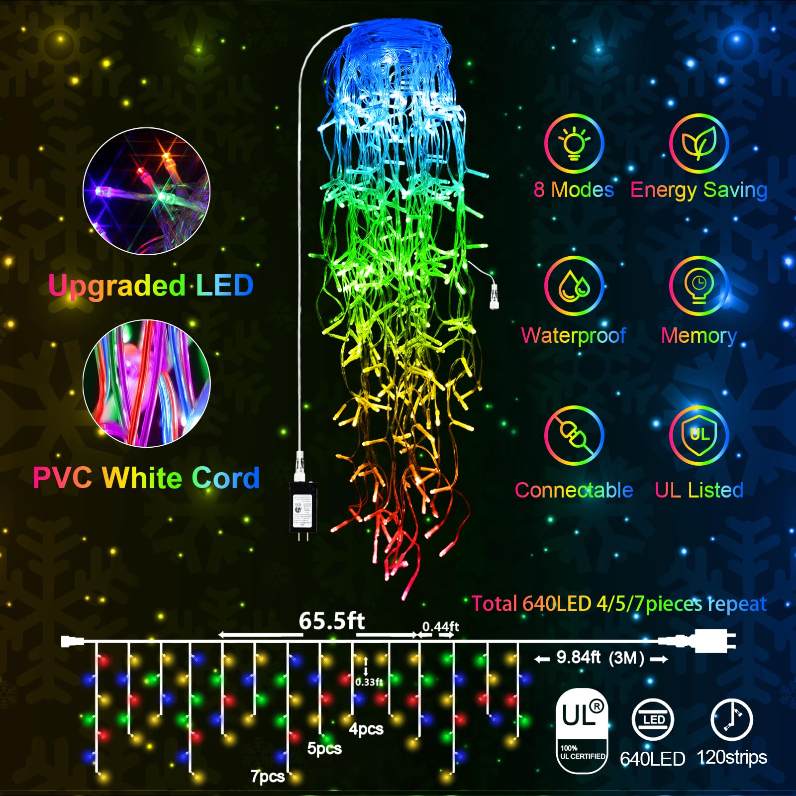 JXLEDAYY 640 LED String Lights Outdoor Decorations 65FT Multicolored Waterproof 8 Modes Memory Timer Clear Wire