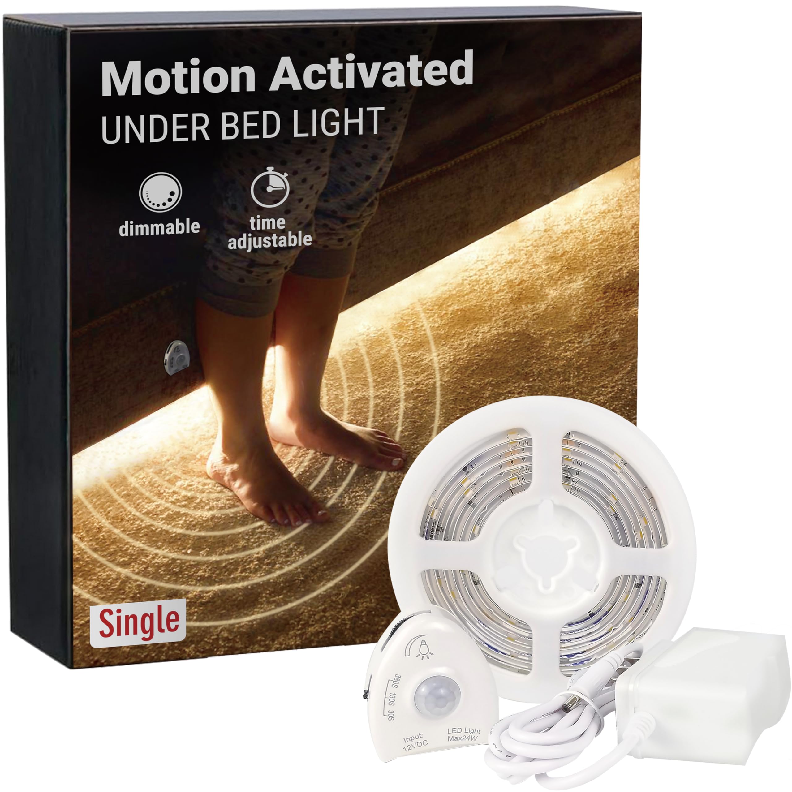 illumiForce Under Bed Lights Motion Sensor  Motion Activated Bed Lighting  12V Power Adapter Dimmable LED Band Night Light for Bedroom  Stairs  Crib  Cabinet  Warm White - 5FT Single Kit