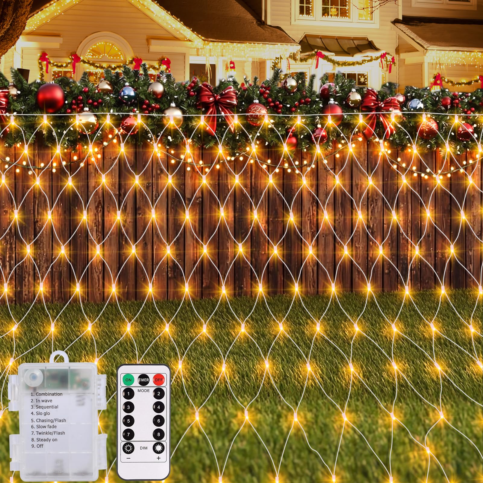echosari Battery Operated Net Lights, 100 LED Warm White Fairy Lights, 8 Modes, Remote Timer, Model ES-3AA NetL-WW