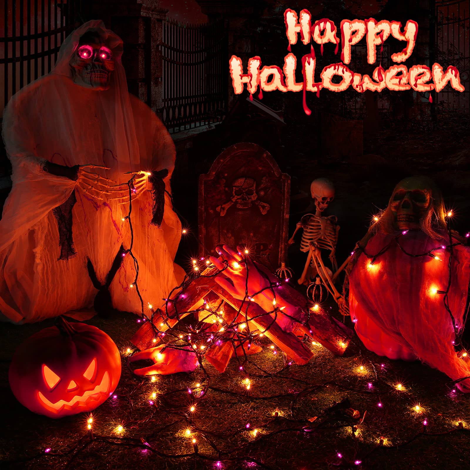 Toodour Halloween String Lights, 300 Count Mini Bulbs, 77ft, Orange & Purple, UL Certified, Black Wire