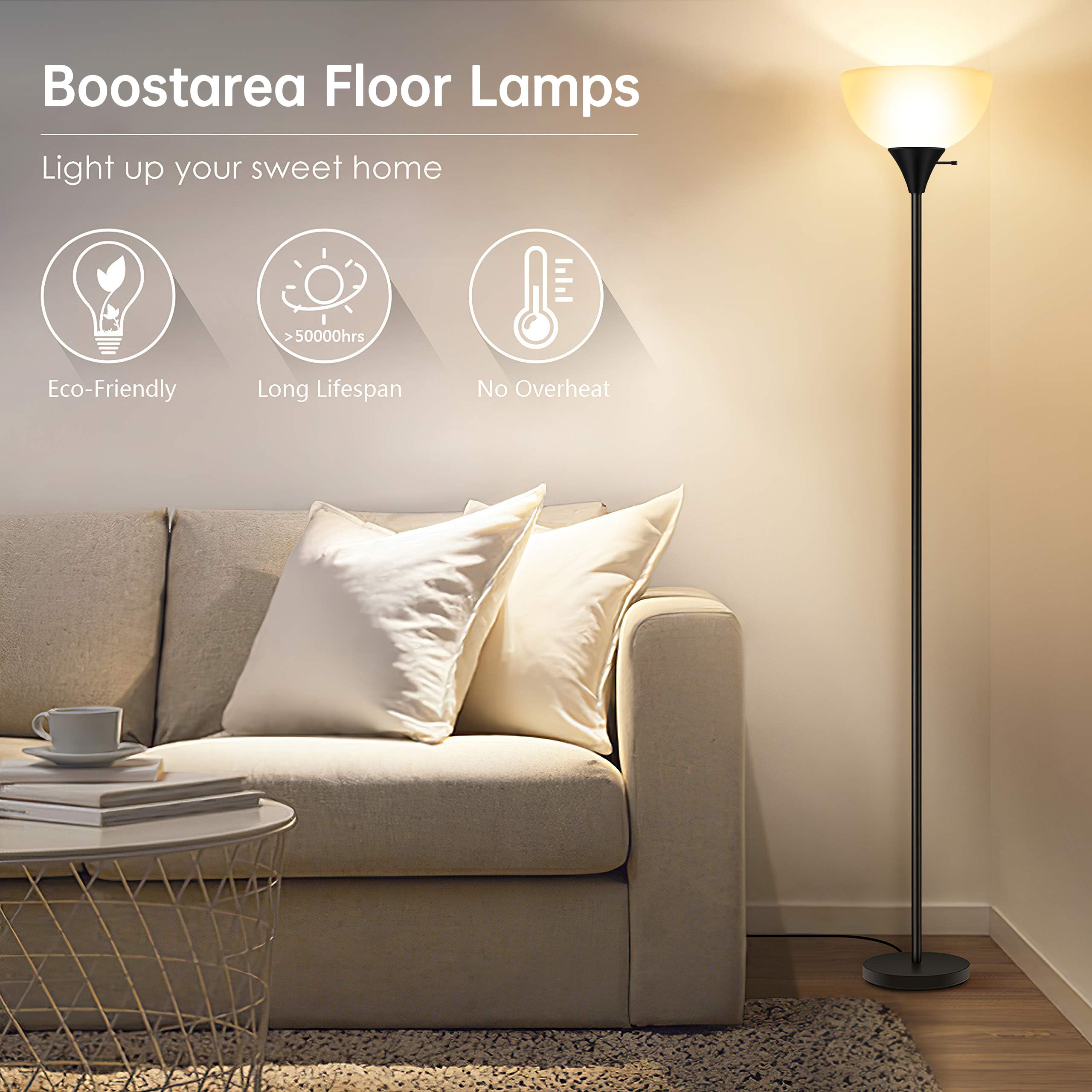 Boostarea Floor Lamp, 70.1    Tall Lamp, Led Black Floor Lamp, E26 Base, Eye-Caring, Modern Torchiere Floor Lamps For Living Roo