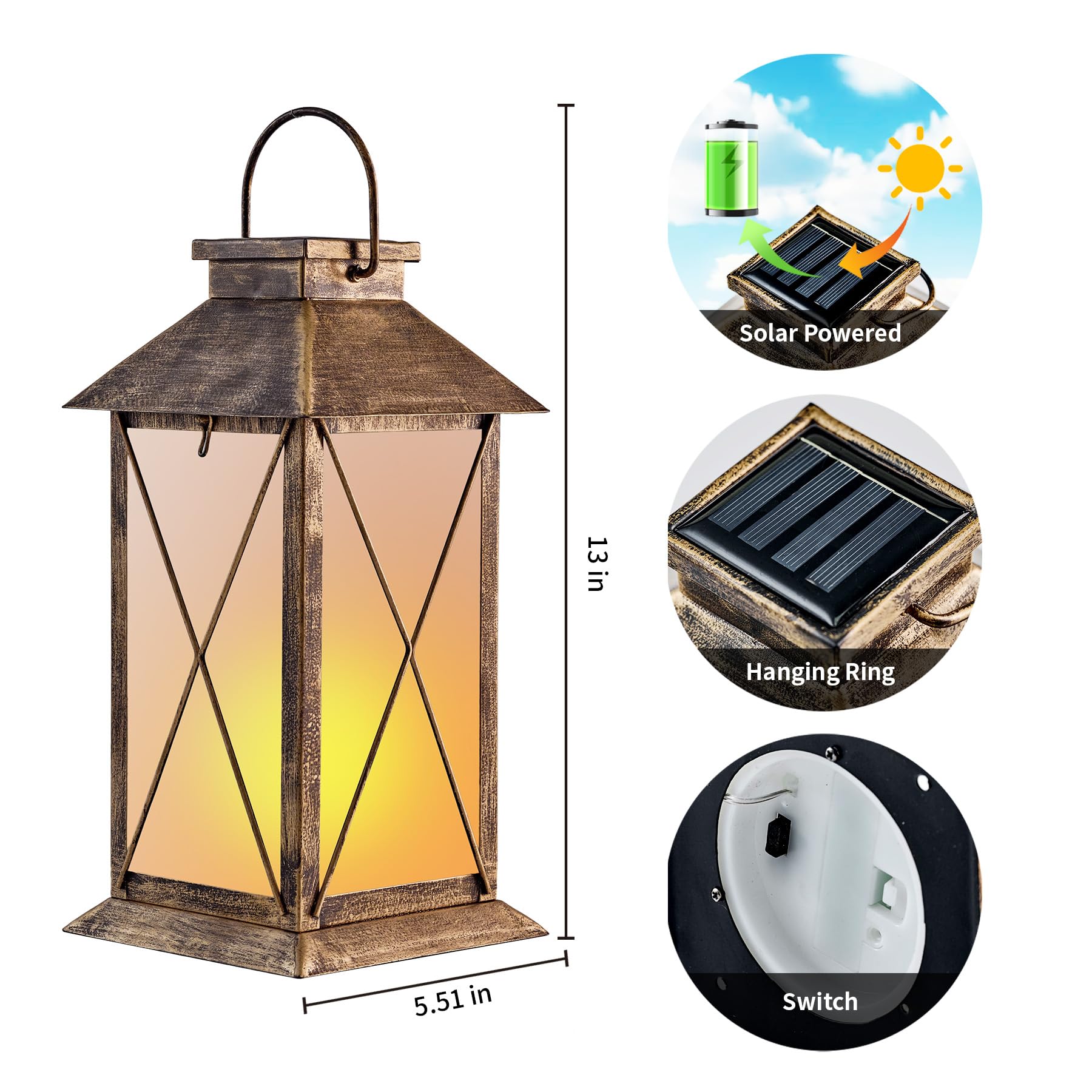 2 Pack Solar Lantern with Flickering Flame Candle, 13 Outdoor Waterproof Solar Lanterns Garden Decorative, Glass Hanging Lantern