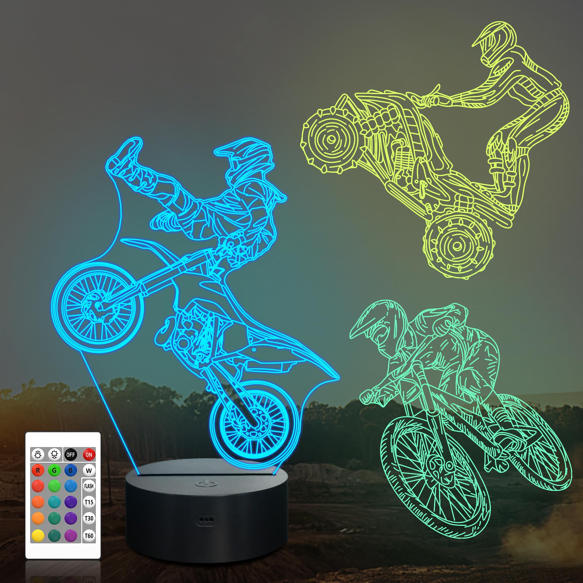 Ammonite Dirt Bike Gifts, 3D Illusion Motocross Night Light for Kids (3 Patterns) with Remote Control & 16 Colors Changing & Dim