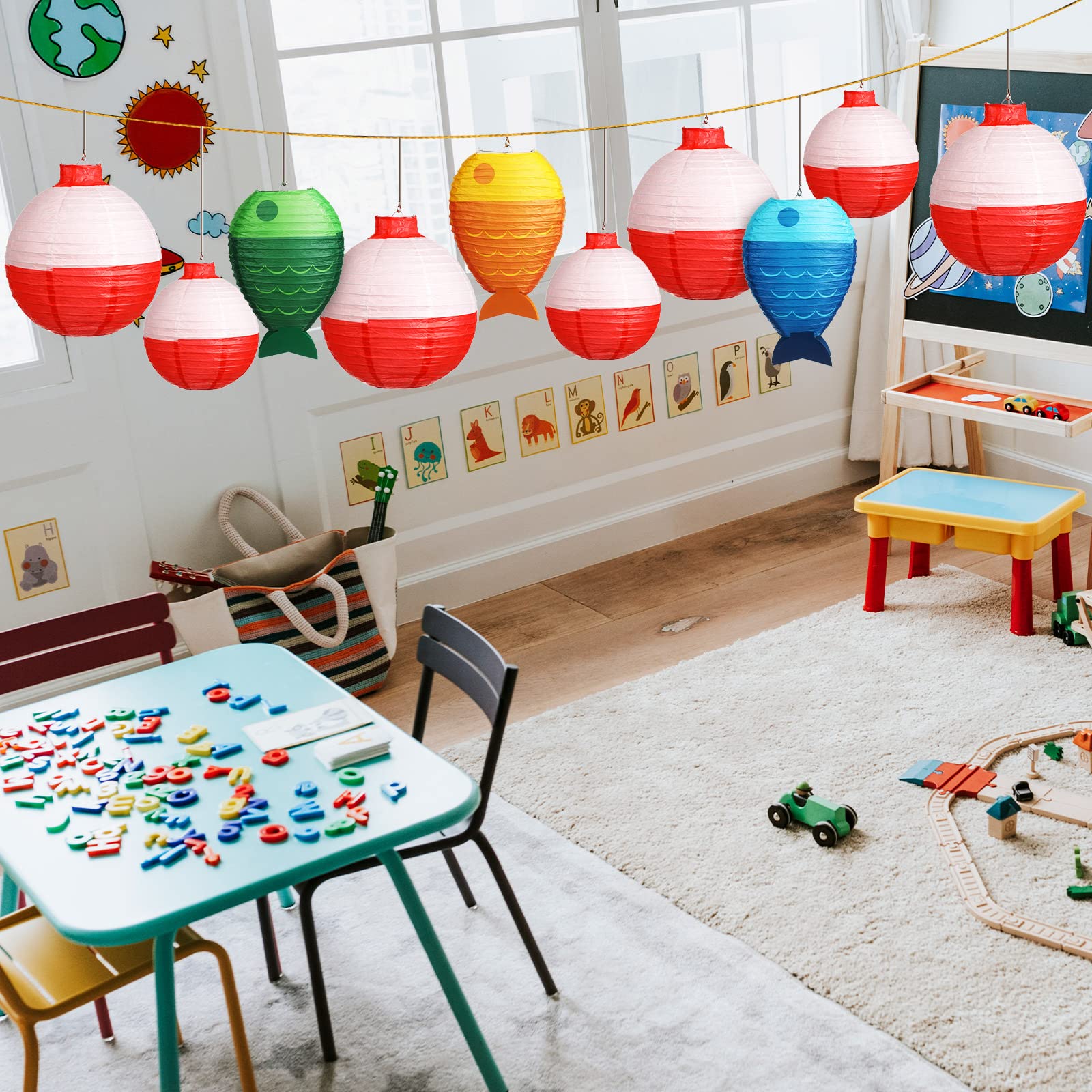 17 Pcs Fishing Birthday Party Decorations Set 3 Fish Shaped Hanging Paper Lanterns 10 Fishing Bobber Round Paper Lanterns 1 Fish