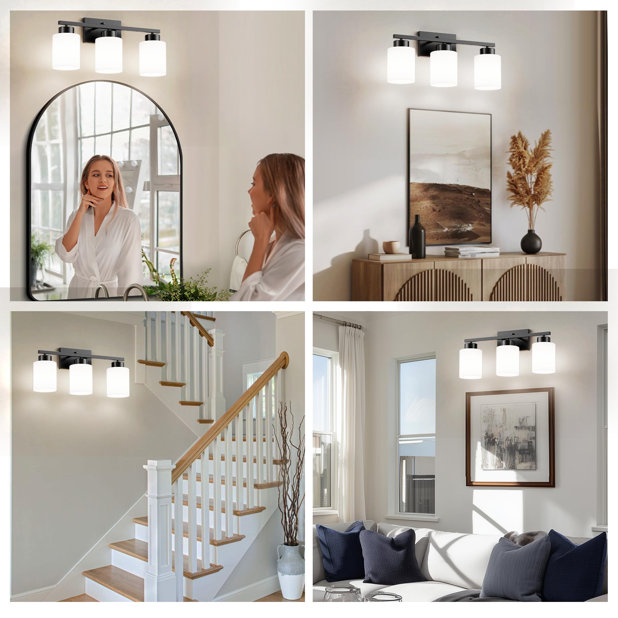 Partphoner 3-Light Matte Black Bathroom Light Fixtures  Modern Vanity Light Over Mirror Lighting  Wall Sconce With Frosted Milky White Glass Shades For Bedroom Living Room Kitchen Hallway