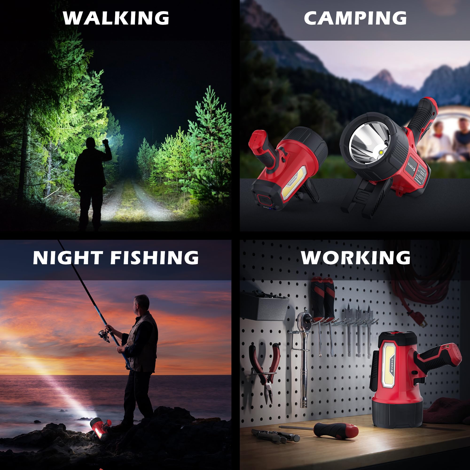 FORTO Rechargeable Spotlight Flashlight, 80000 Candela & 200000 Lumens, IPX7 Waterproof, Model SP2000R-N, Red