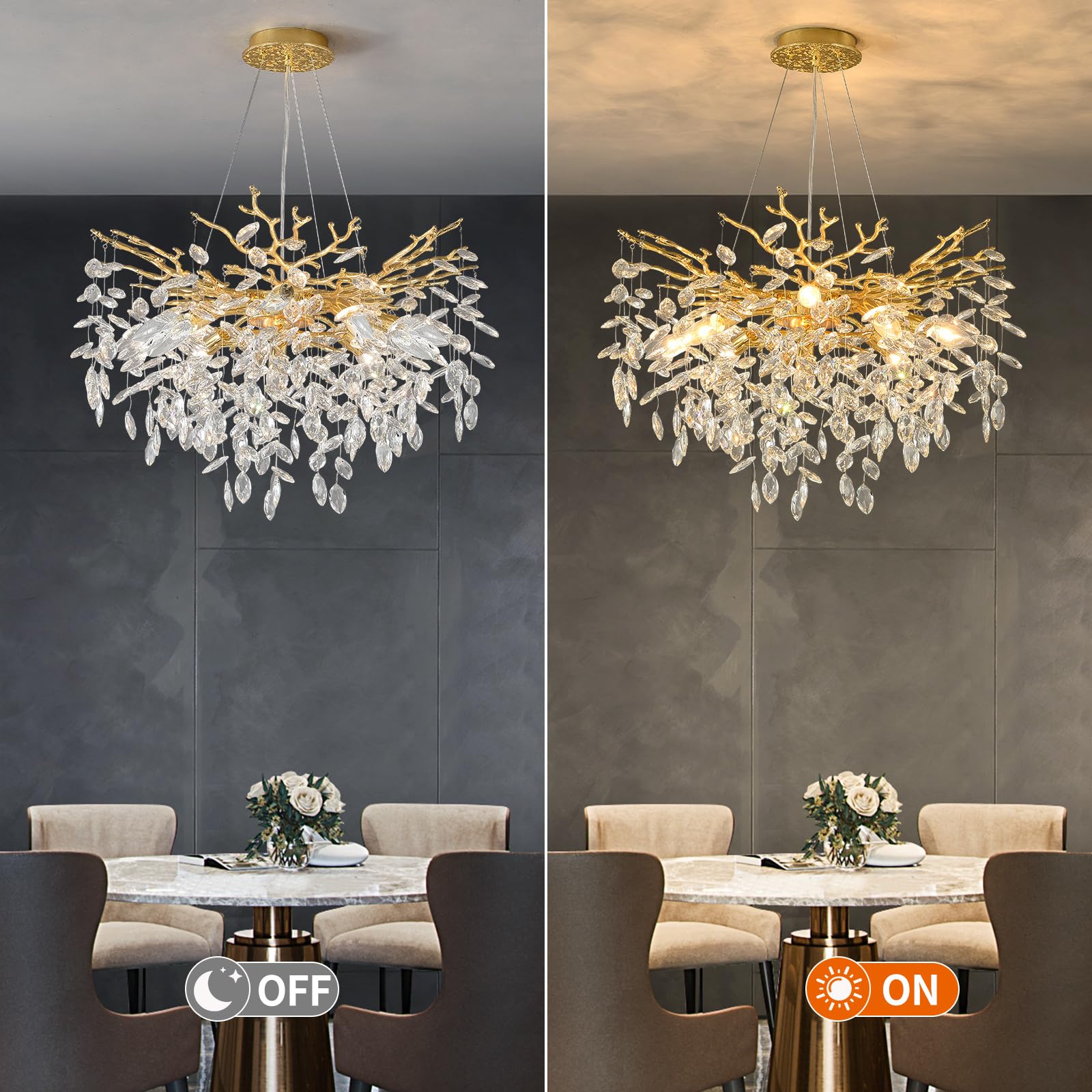 EGM Gold Crystal Chandelier, 24-Inch 8-Light Metal Raindrop Light Fixture for Dining Room, Bedroom, Foyer - Model C-1