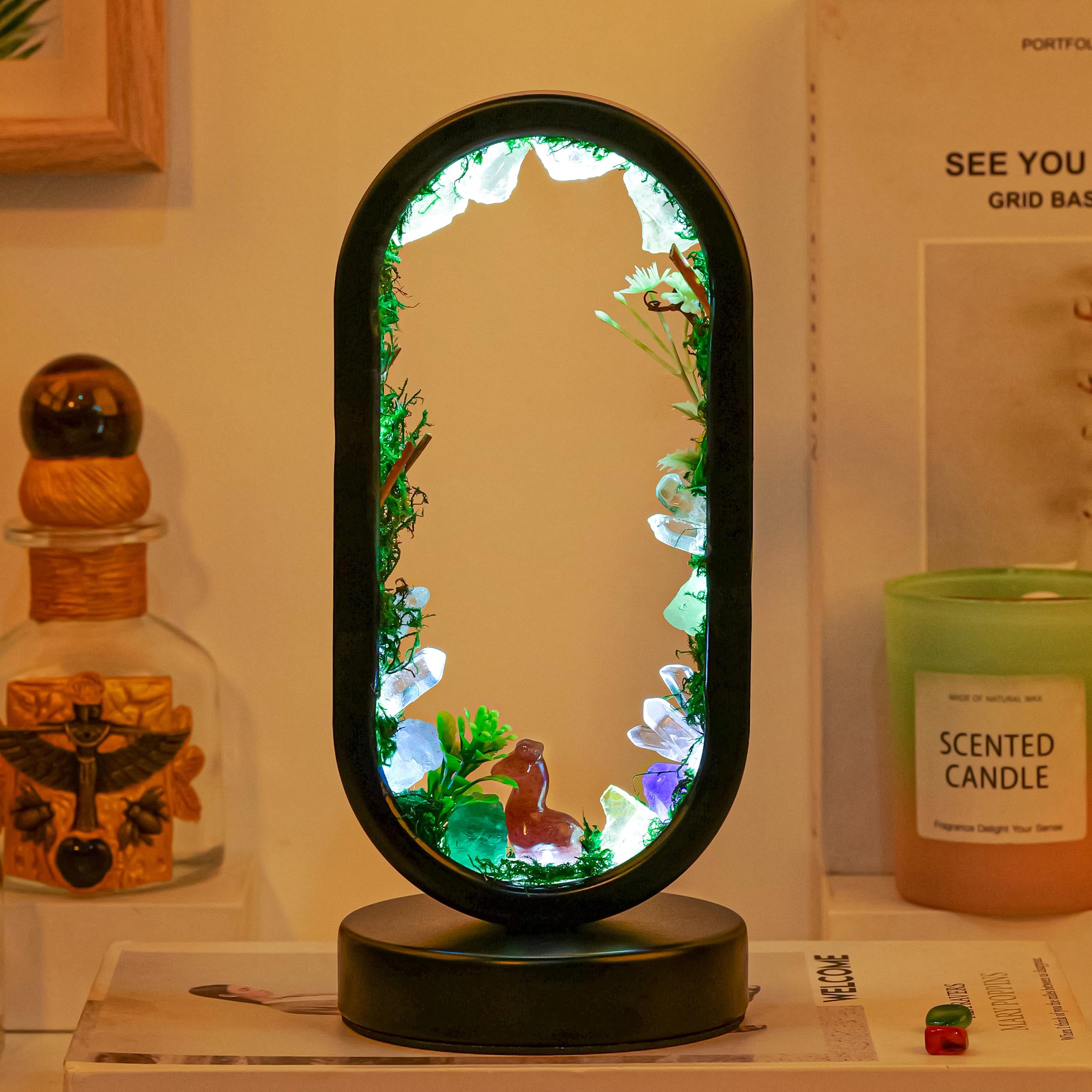 Runyangshi Natural Crystal Night Light LED Bedroom Living Room Night Lamp Oval Quartz Lamp USB Power Bionic Botanical Forest Sty