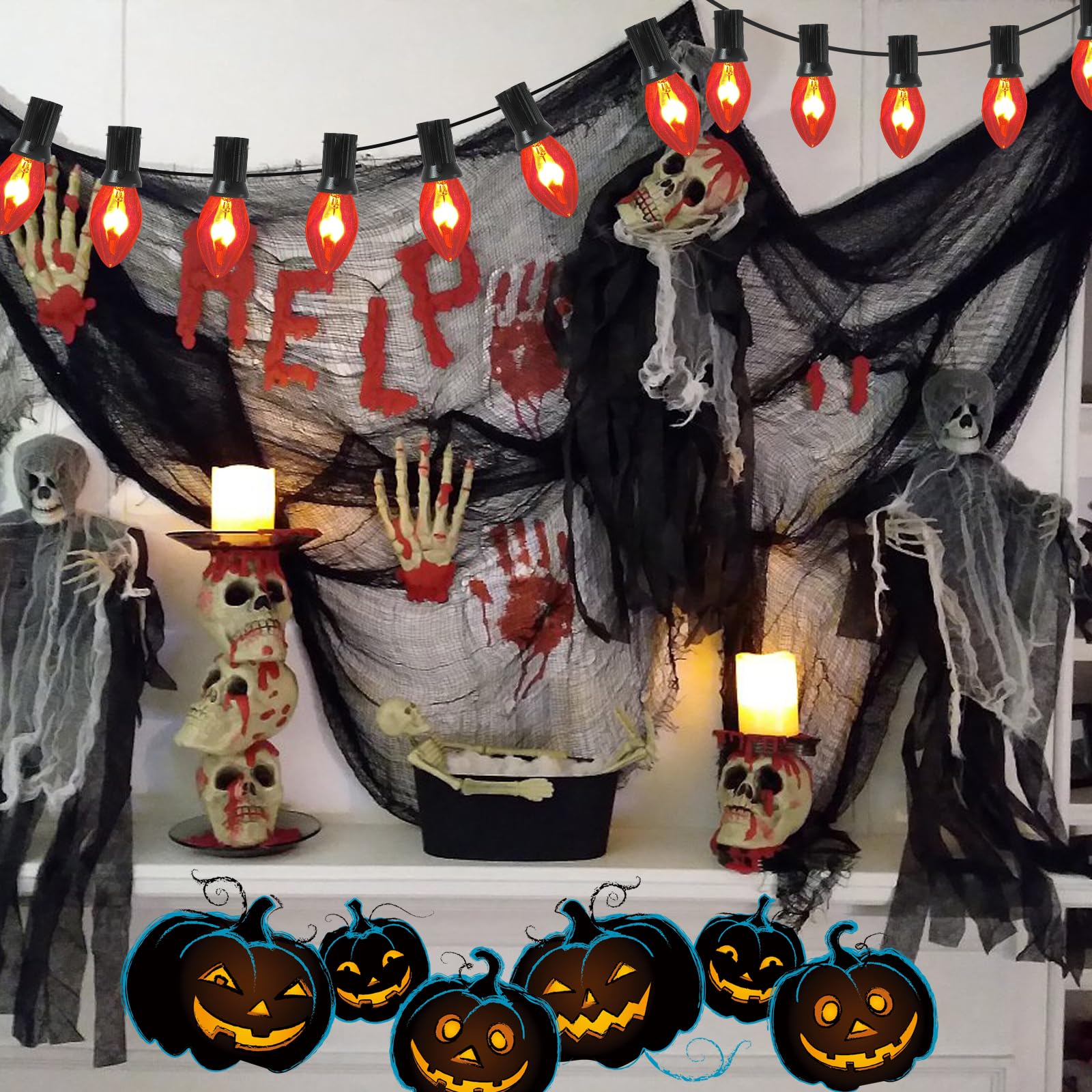 Doratale 25Ft C7 Orange Halloween Flickering Flame Lights, Waterproof Connectable, Glass, E12 Base, Clear Flame