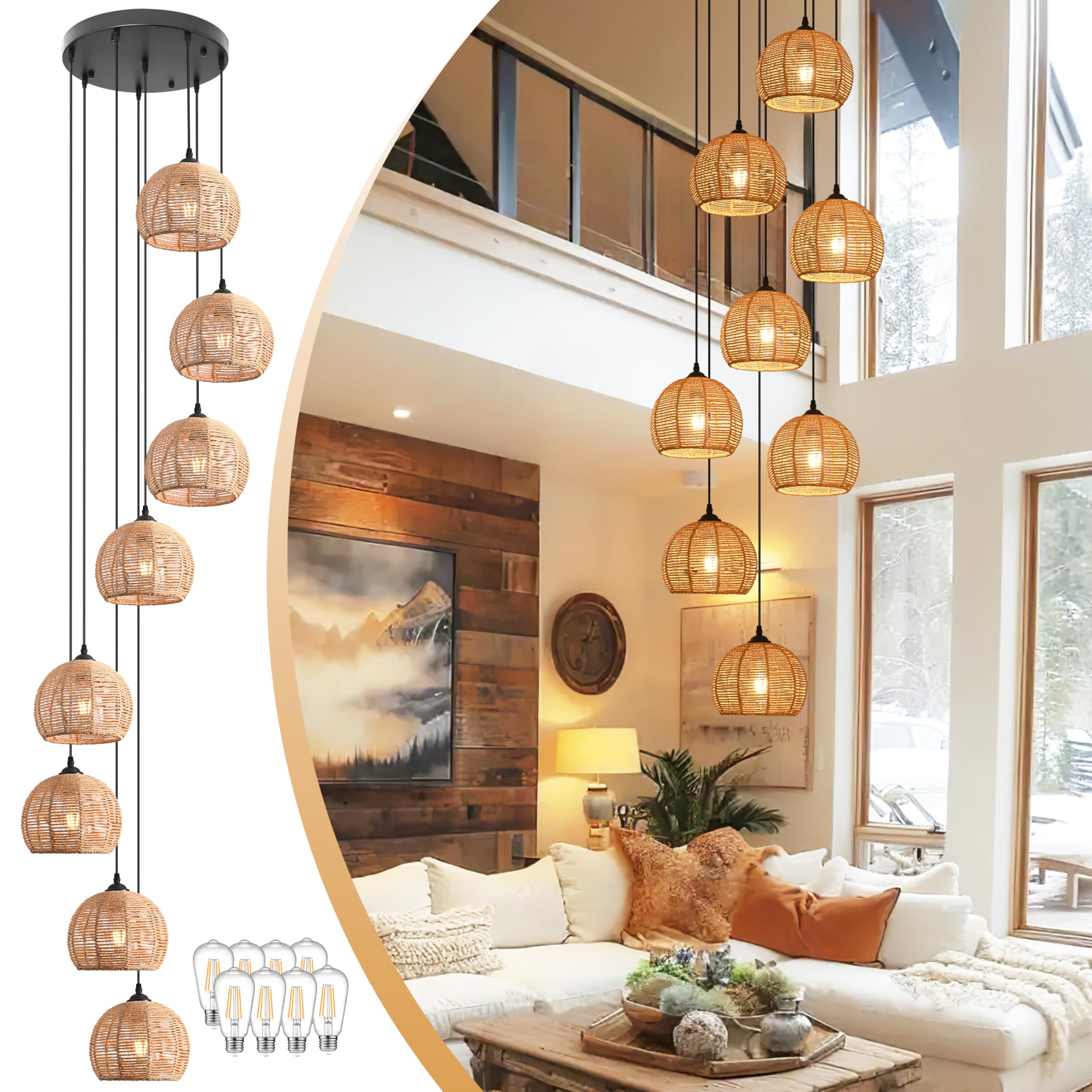 8-Light Woven Foyer Chandeliers for High Ceiling H100'',8 Dome Boho Rattan Pendant Light Farmhouse Ceiling Light,rustic Hemp rop