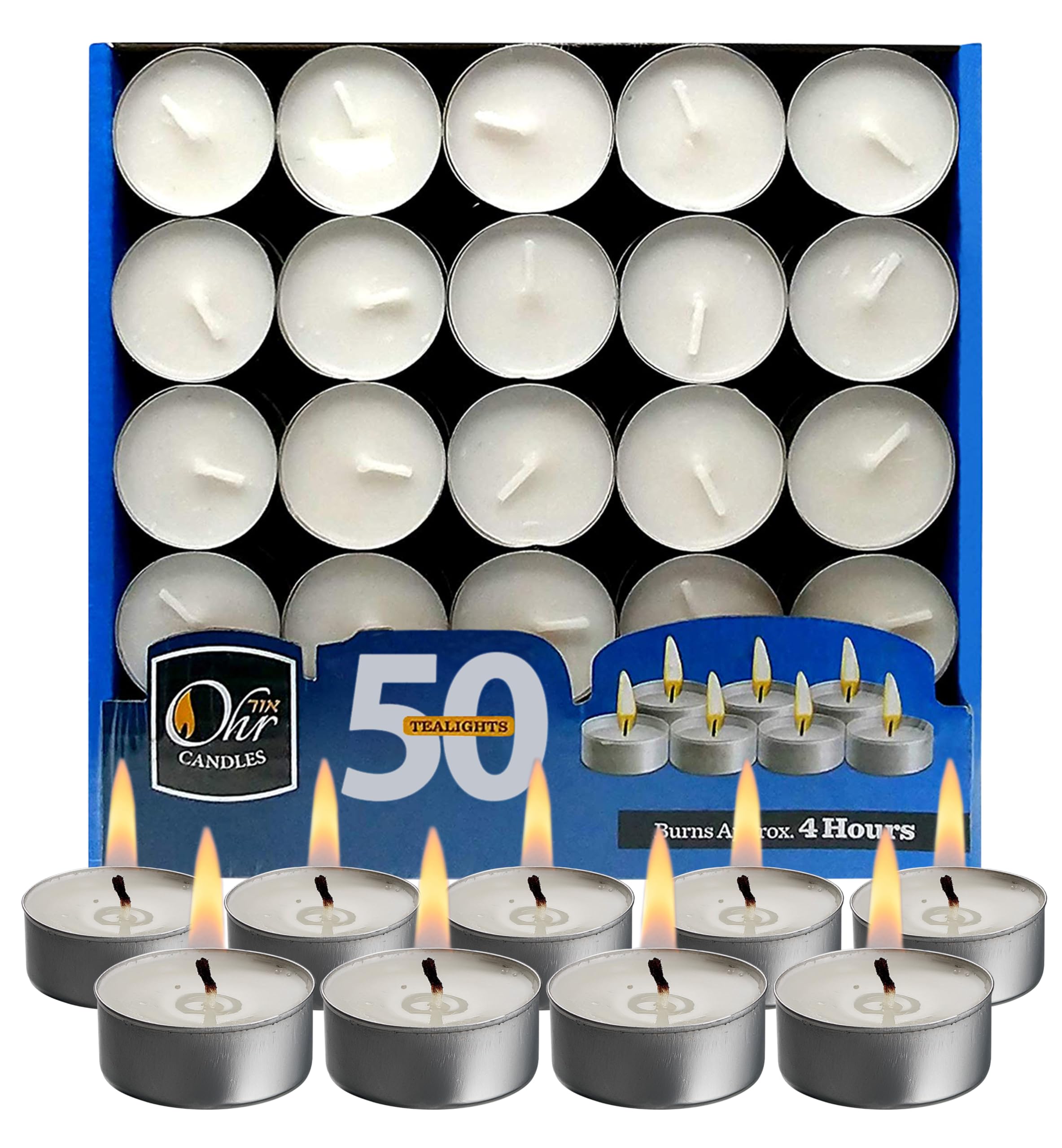 OHR CANDLES Tealight Candles - 50 Pack Bulk, Unscented White Wax, 4 Hour Burn Time, Model 28080