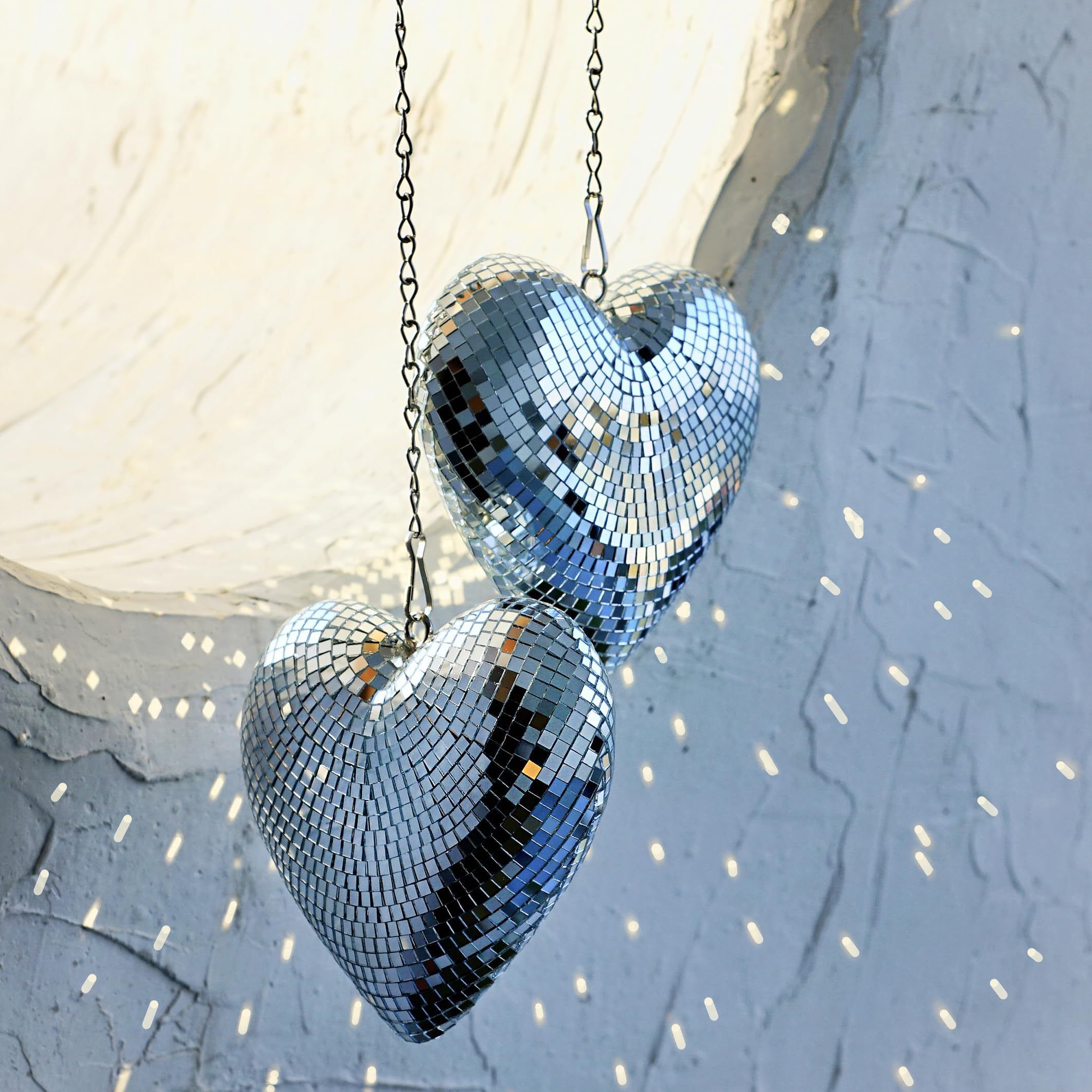 RGZOCT Disco Balls 2 Pack Silver Heart-Shaped Stage Mirror Balls Hanging Decor for Party, Room, Wedding, Garden, Retro Reflectiv