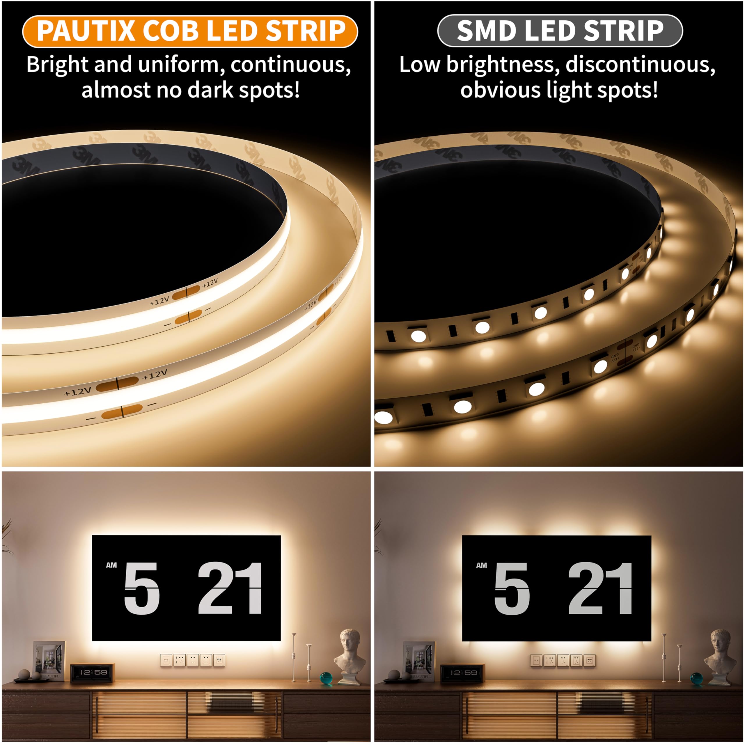 PAUTIX COB LED Strip 18Ft 2772 LEDs 4000K Natural White Flexible Tape Light, Model COB-005, Vinyl Material