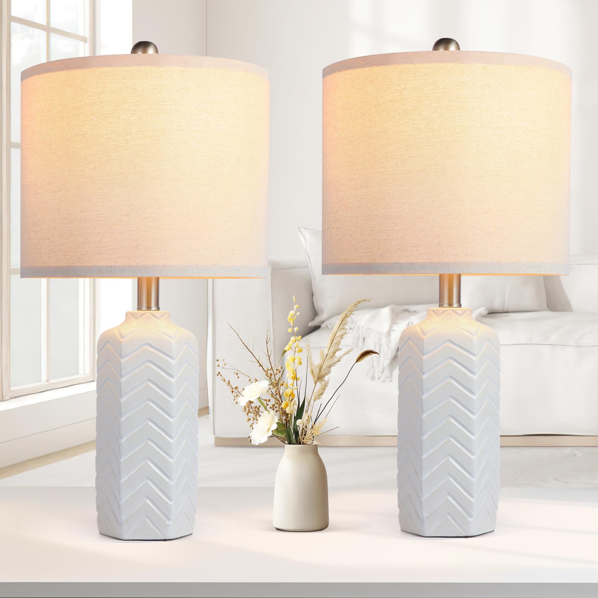 iKopyal 22'' Ceramic Table Lamp Set of 2 for Living Room White Desk Lamps for Bedroom Farmhouse Bedside Nightstand Lamp End Tabl
