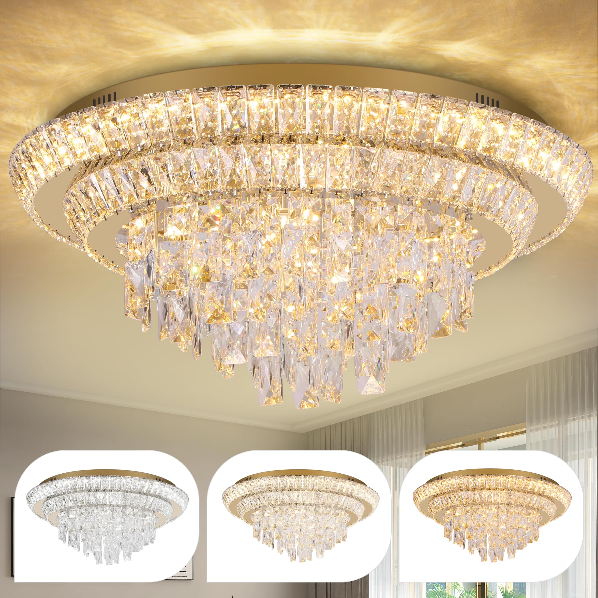 Cocostar Gold Elegant Led Crystal Raindrop Ceiling Light, 24'' Modern Flush Mount Chandelier Light Fixture With Remote Control, 