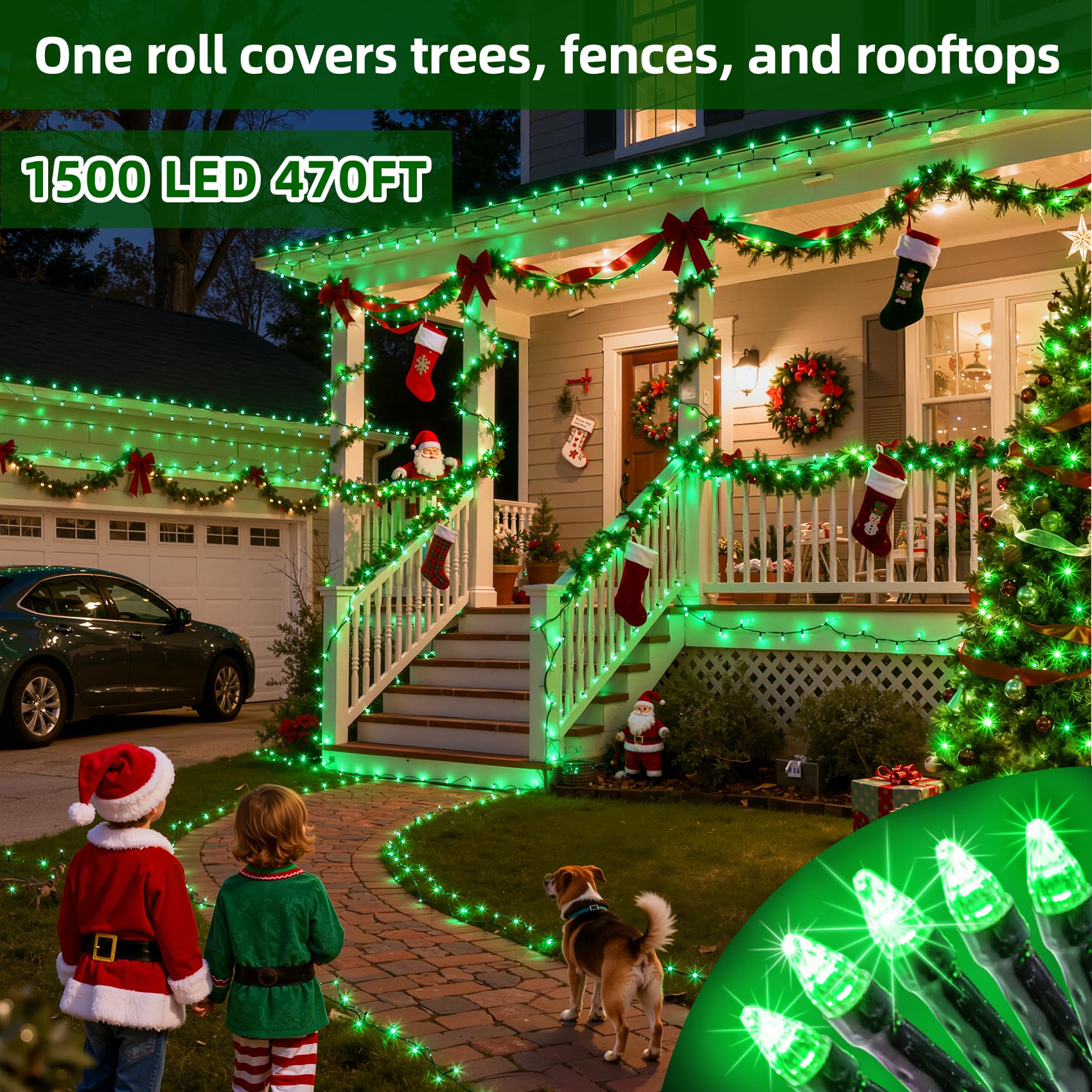 Quhuatu 1500 Led 470Ft Christmas Lights Outdoor 12 Lighting Modes Christmas String Lights With Timer  Dimmable Plug In Green Led Stringlights Waterproof For Yard Tree Wedding Party Holiday Green