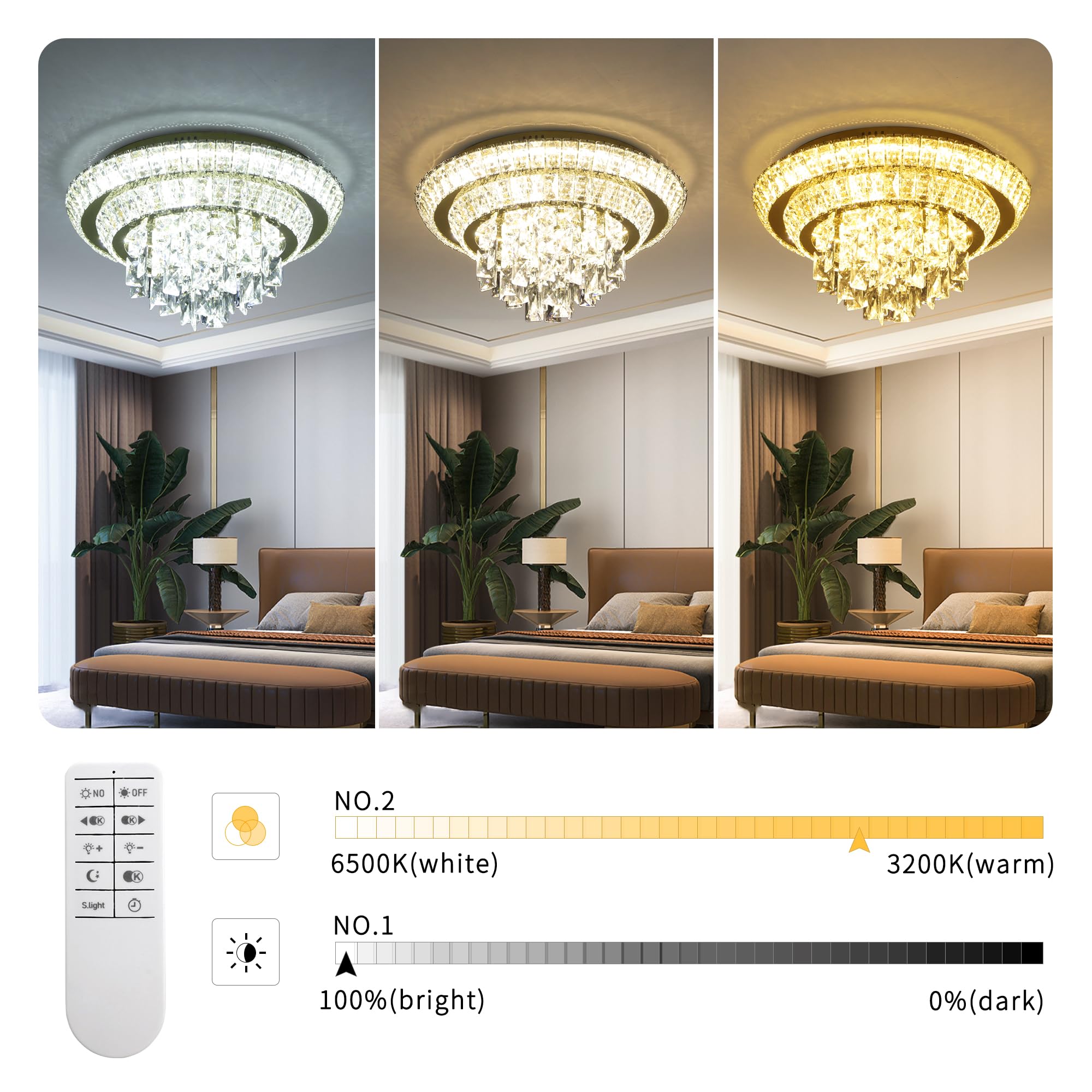 Redstar 18'' Crystal Gold Ceiling-Light Flush Mount With Remote Control, Colors Temp & Brightness Adjustable, Modern Crystal Rai