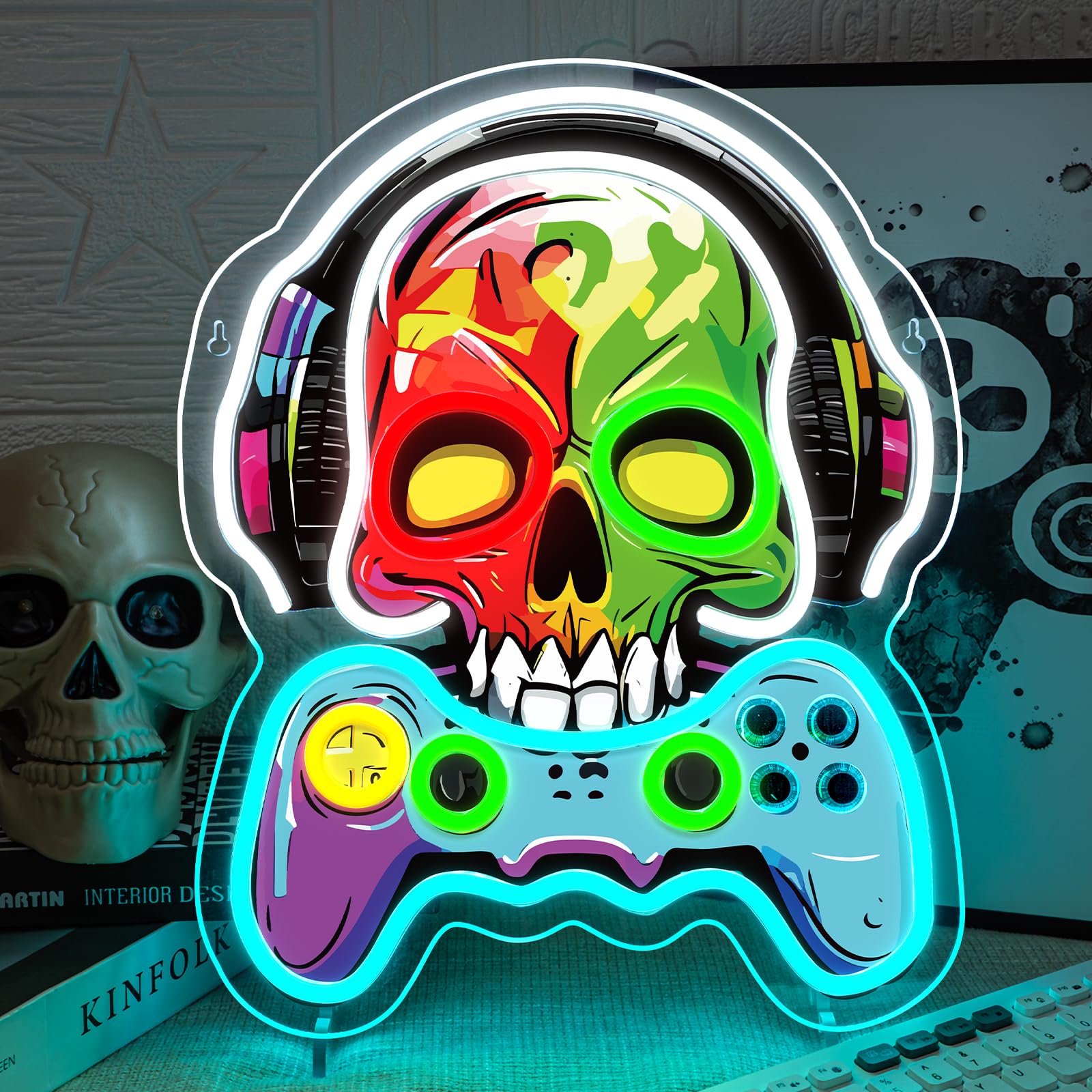 Game Neon Sign Skull Neon Signs For Wall Decor Earphones Led Lights Colorful Light Up For Game Room Boy Room Decor Bar Man Cave Club Party Decoration Gaming Boys Birthday Gifts