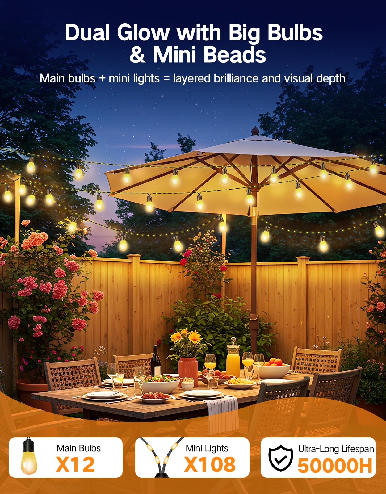 OUTON Outdoor String Lights, 46FT RGBAI Smart Festoon Lights Outdoor, Waterproof IP65, Remote & APP Control, Works with Alexa, G