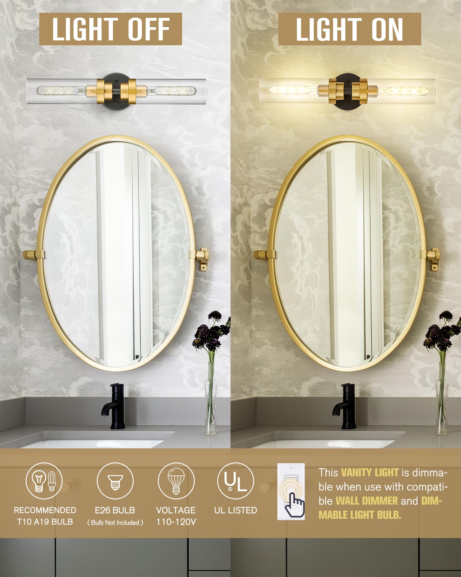 Emak Black And Gold Vanity Lights For Mirror, Modern 22 Inch Bathroom Light Fixtures With Clear Glass Shade, 2-Light Cylinder Wa